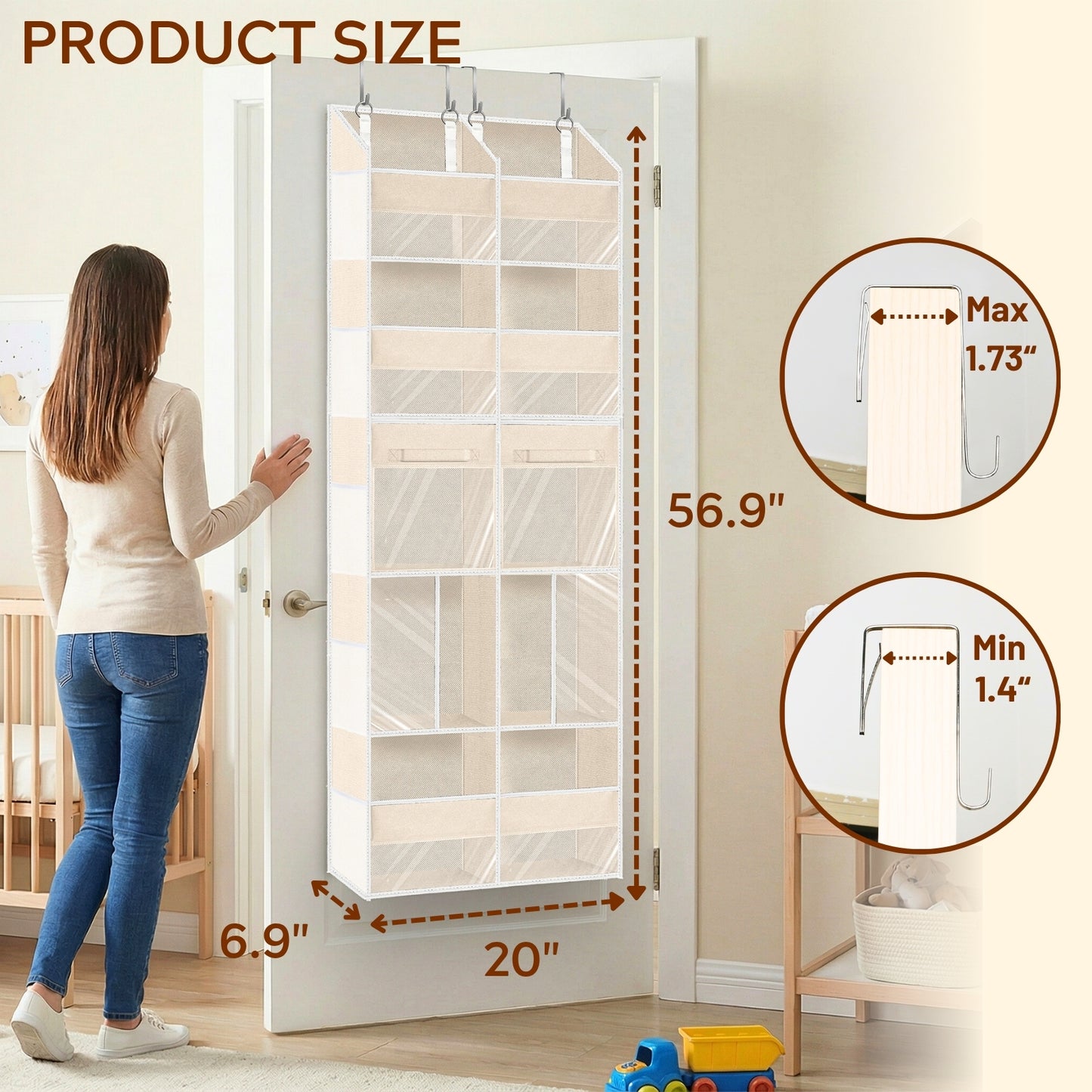 Over the Door Organizer 5 Tiers with Removable Drawers, Extra Large Door Storage of 6 Compartments & 2 Diaper Storage, Double-Column Clear Window Door Hanging Organizer for Nursery, Closet, Pantry