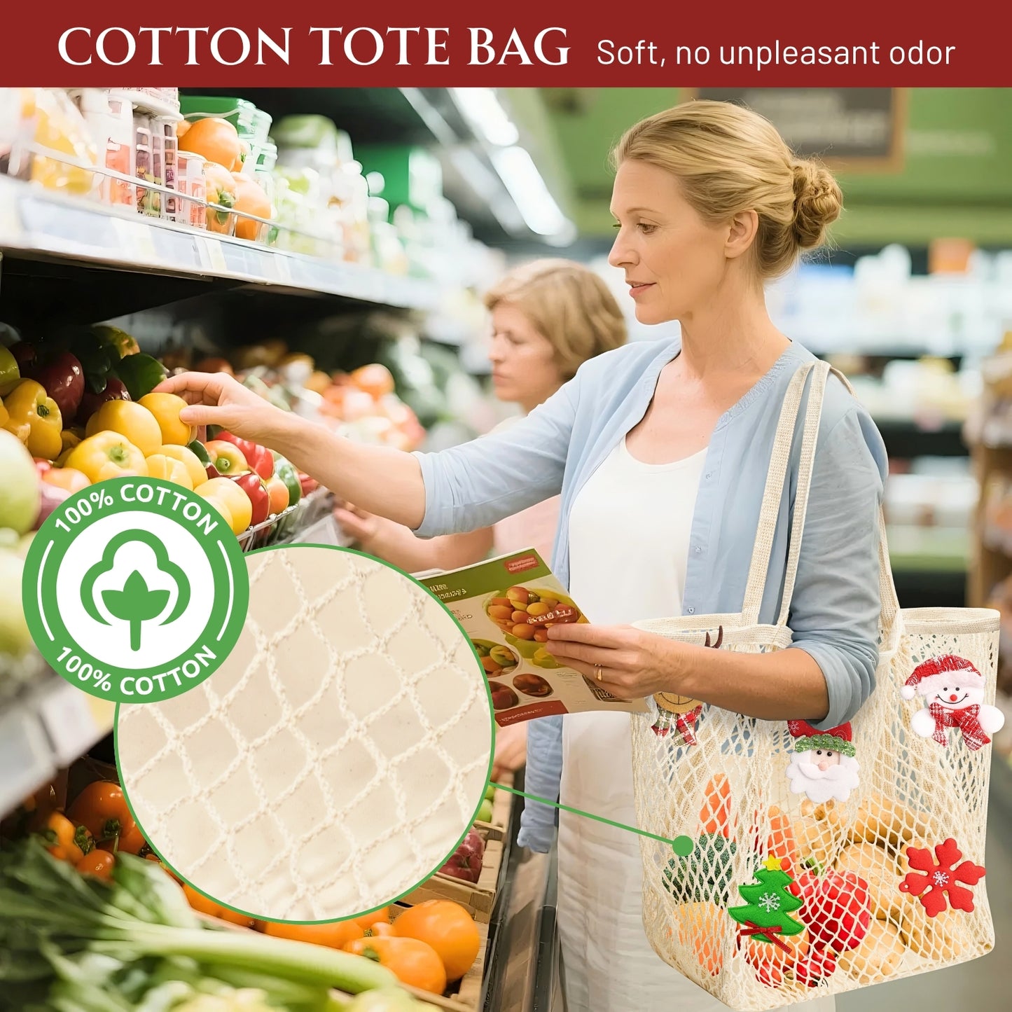 Ofiray-home Ofiray-home Cotton Christmas Tote Bag, Mesh Tote Bag Hobo with Large Interior Pocket