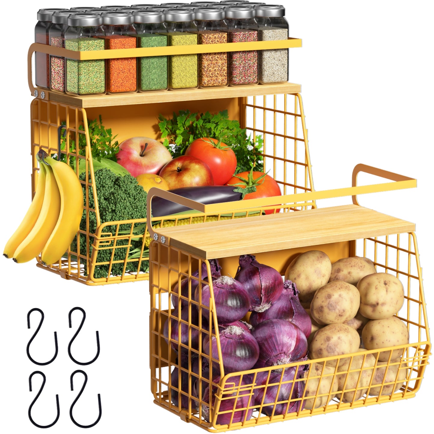 Magnetic Shelf for Refrigerator with Wood Lid, Fruit Potato & Onion Storage Bins, Pantry Organizers & Storage, Large Container Magnetic Spice Rack for Refrigerator, Kitchen Counter, Cabinet