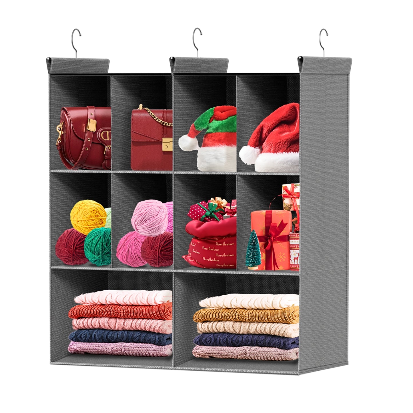 6 Tier Hanging Closet Organizer, 16 Compartments Sweater Organizer for Closet with 3 Sturdy Hooks, Closet Organizers and Storage, Wardrobe, Rv, Garment Rack, Grey