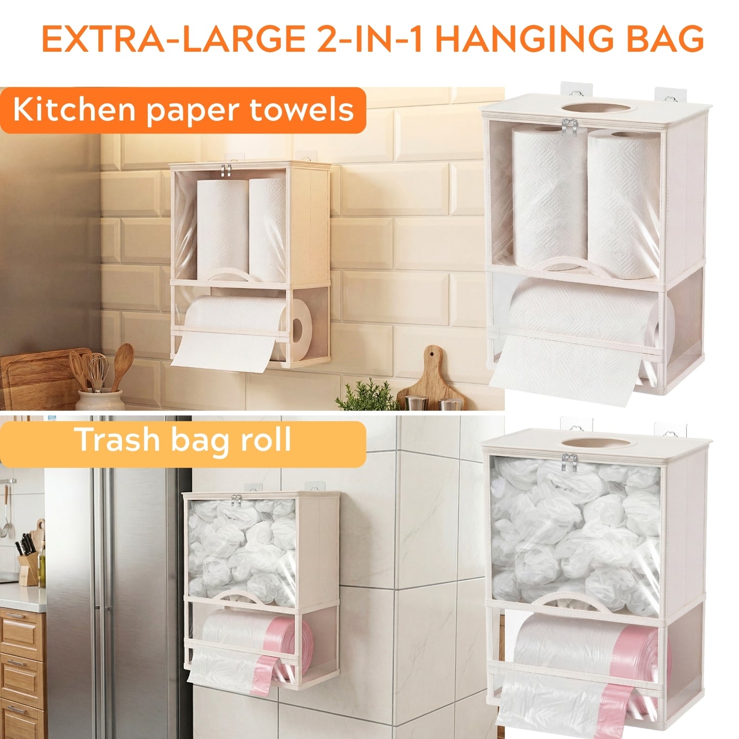Ofiray-home Wall Mount Plastic Bag Holder - Extra Large 2 in 1 Durable Trash Bag Holder with Trash Roll Dispenser Paper Towel Roll for Home Kitchen Closet Cabinets Sink