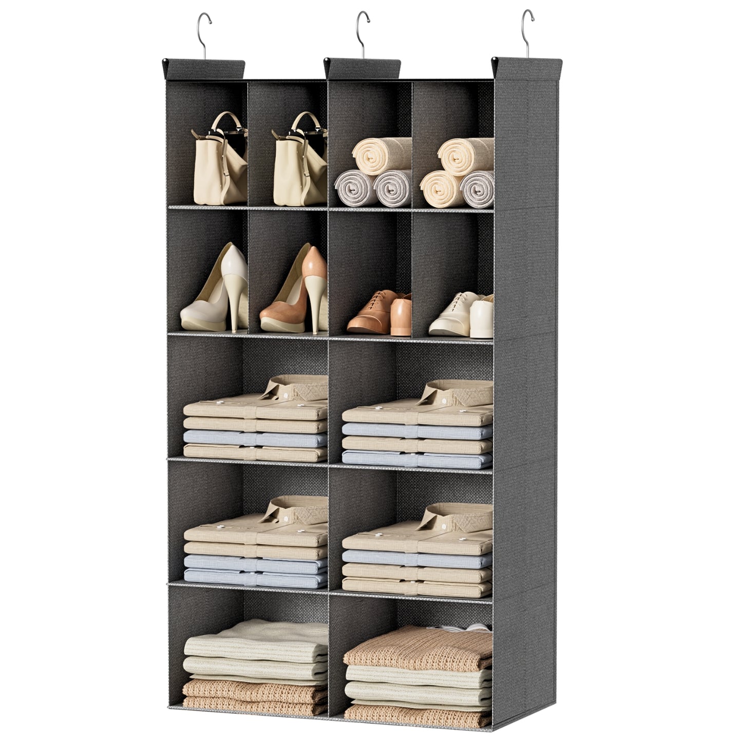 6 Tier Hanging Closet Organizer, 16 Compartments Sweater Organizer for Closet with 3 Sturdy Hooks, Closet Organizers and Storage, Wardrobe, Rv, Garment Rack, Grey