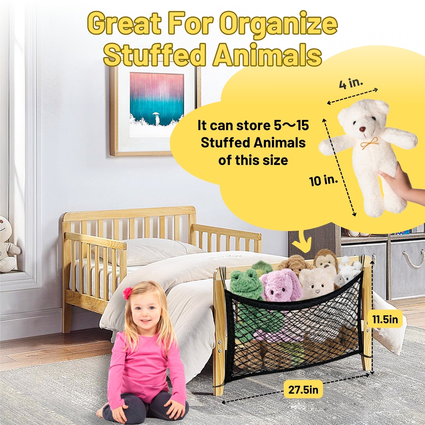 Stuffed Animal Storage Net for Kids, Bedside Toy Organizer Net - Neatly Store Your Stuffed Animals, Elastic Bedside Stuffed Animal Storage Net with Tether, Stretches up to 32 Inches, Black