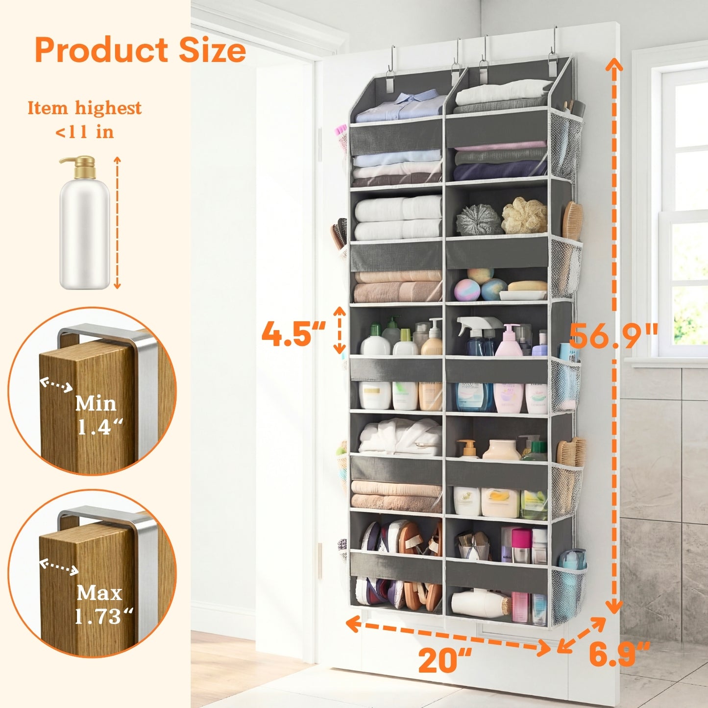 Over Door Organizer, 5-Tier Large Hanging Storage Organizer with 10 Mesh Side Pockets Behind Door Storage Shelf with Clear Windows for Kitchen Bathroom Bedroom Nursery, Toys, Diapers, Shoe