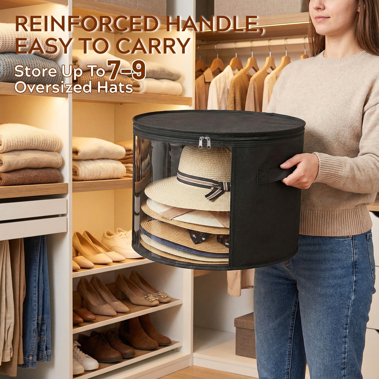 Ofiray-home 2 Pack Large Clear Hat Storage Boxes, Hold up to 7-9 Hats, Hat Organizer for Closet, Sturdy & Foldable, Hat Box with Carrying Handles for Round Brim, Wide-Brim, Cowboy, Sun Hat