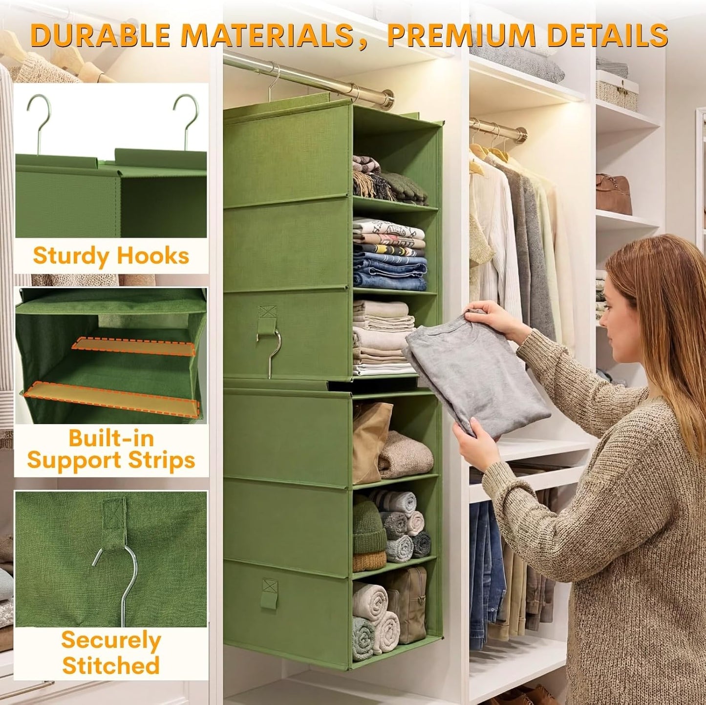 Extra Deep Hanging Closet Organizer 2 Pack, 3-Shelf Separable Closet Organizers and Storage with Linen Texture, Foldable Space-Saving Hanging Shelves for Clothes, Handbag, Hats, Dorm & RVs