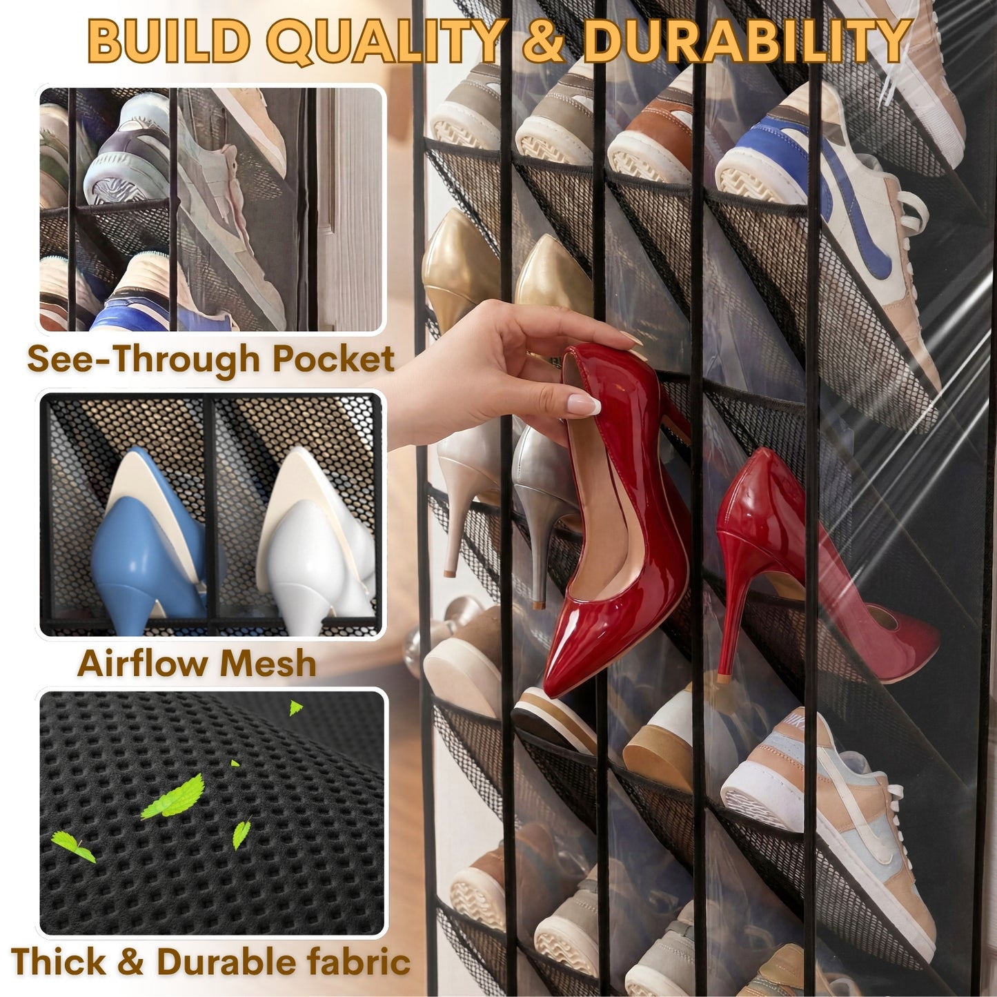 30-40 Pairs Over the Door Shoe Organizer, Clear Large Pockets Hanging Shoe Rack, Space-Saving Closet Door Organizer Fits Boots,Sneakers or Larger Shoes,Shoe Storage for Bedroom,Small Closet,Entryway
