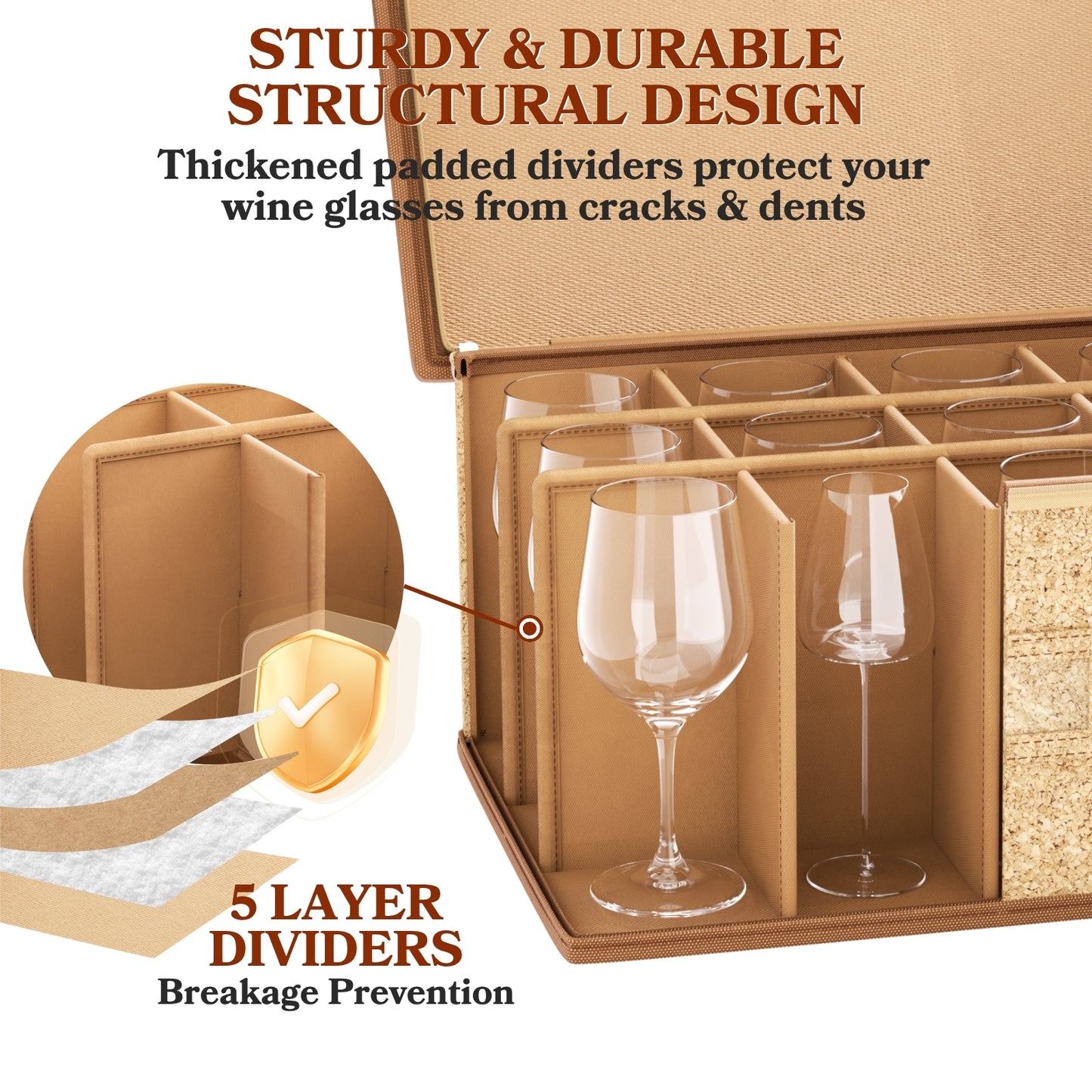 Wine Glass Storage Box with Dividers, Hard Shell, Stackable Glassware Storage Containers with Handles & Label, 10'' Tall Stemware Storage Cases for 12 Crystal Glasses Drinkware, Moving & Home Storage