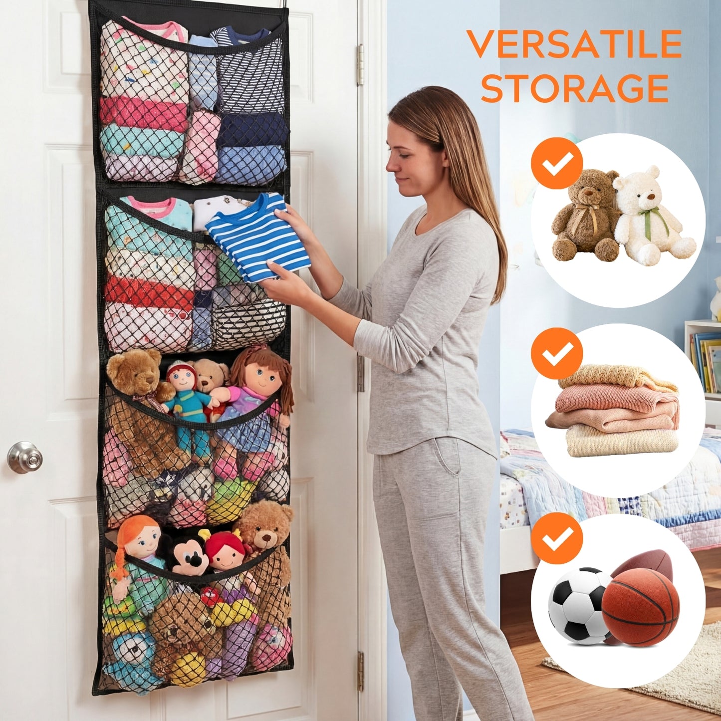 Over The Door Stuffed Animal Storage, Cotton Toy Organizer for Storage Plush Toys,Baby Supplies, Stuffed Animal Holder with 4 Large Pockets, Hanging Door Organizer for Nursery, Bedroom, Kids Room