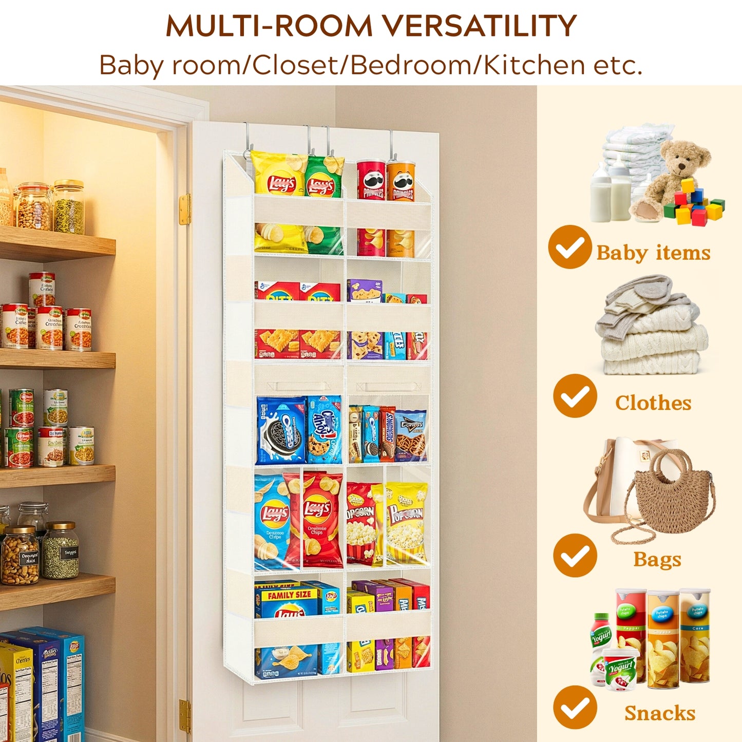 Over the Door Organizer 5 Tiers with Removable Drawers, Extra Large Door Storage of 6 Compartments & 2 Diaper Storage, Double-Column Clear Window Door Hanging Organizer for Nursery, Closet, Pantry