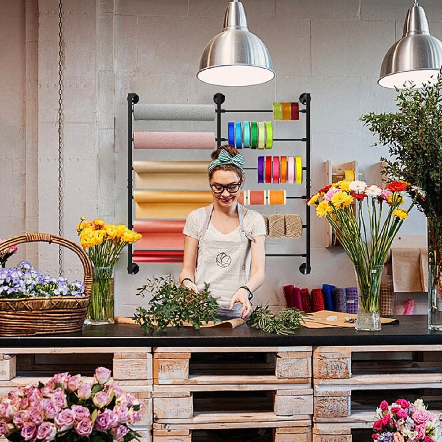 Double 6-Tier Ribbon Storage Organizer, Large Capacity Wall Mount Ribbon Organizer with 12 Removable Rods, Gift Bag Yarn Storage Holder for Craft Room, Flower Shop, DIY Supplies - Metal