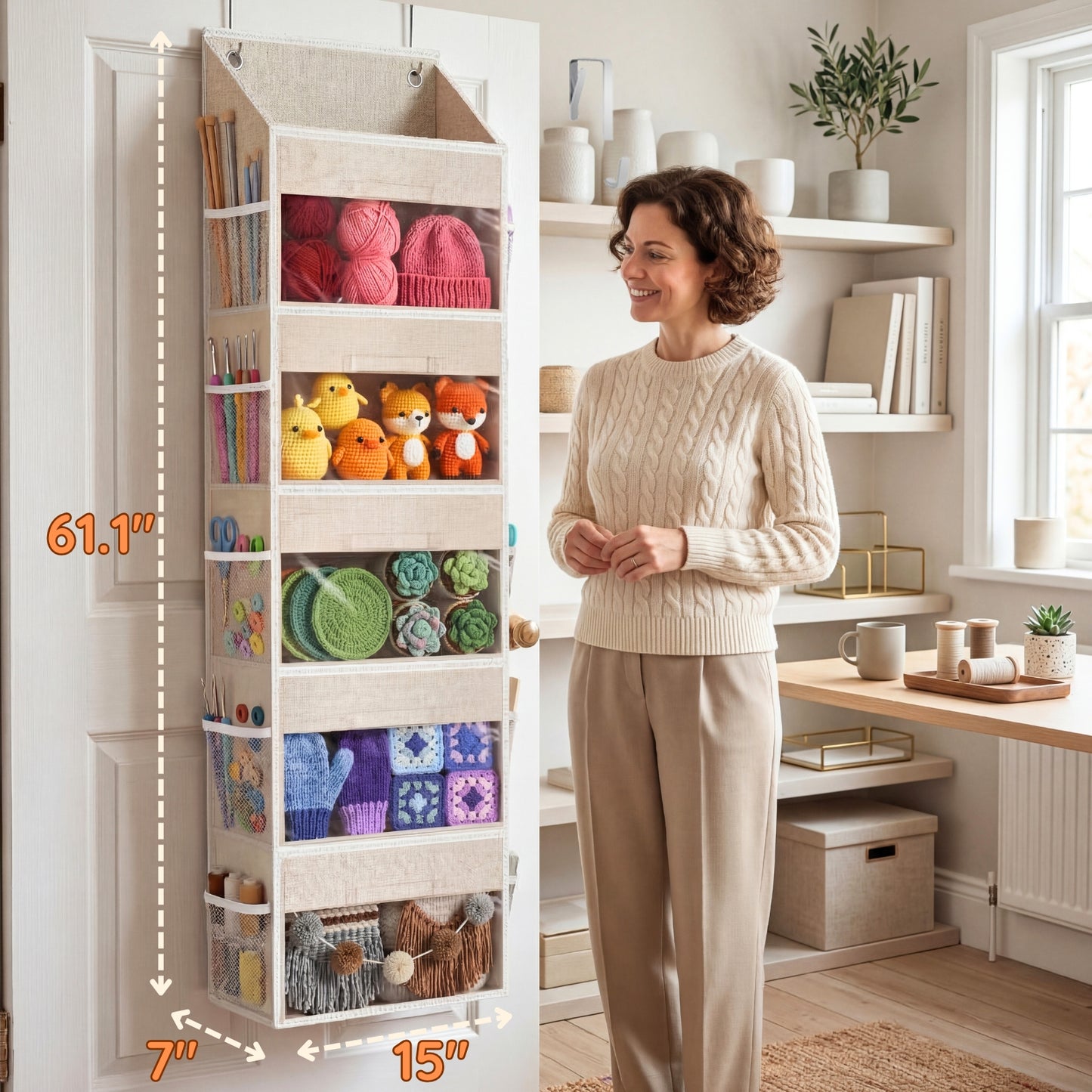 Ofiray-home Hanging Yarn Storage Organizer with 5 Drawers, Over the Door Large Capacity Knitting Organizer Storage&10 Mesh Side Pockets, Hanging Yarn Holder for Knitting Needles, Crochet Hooks- Beige