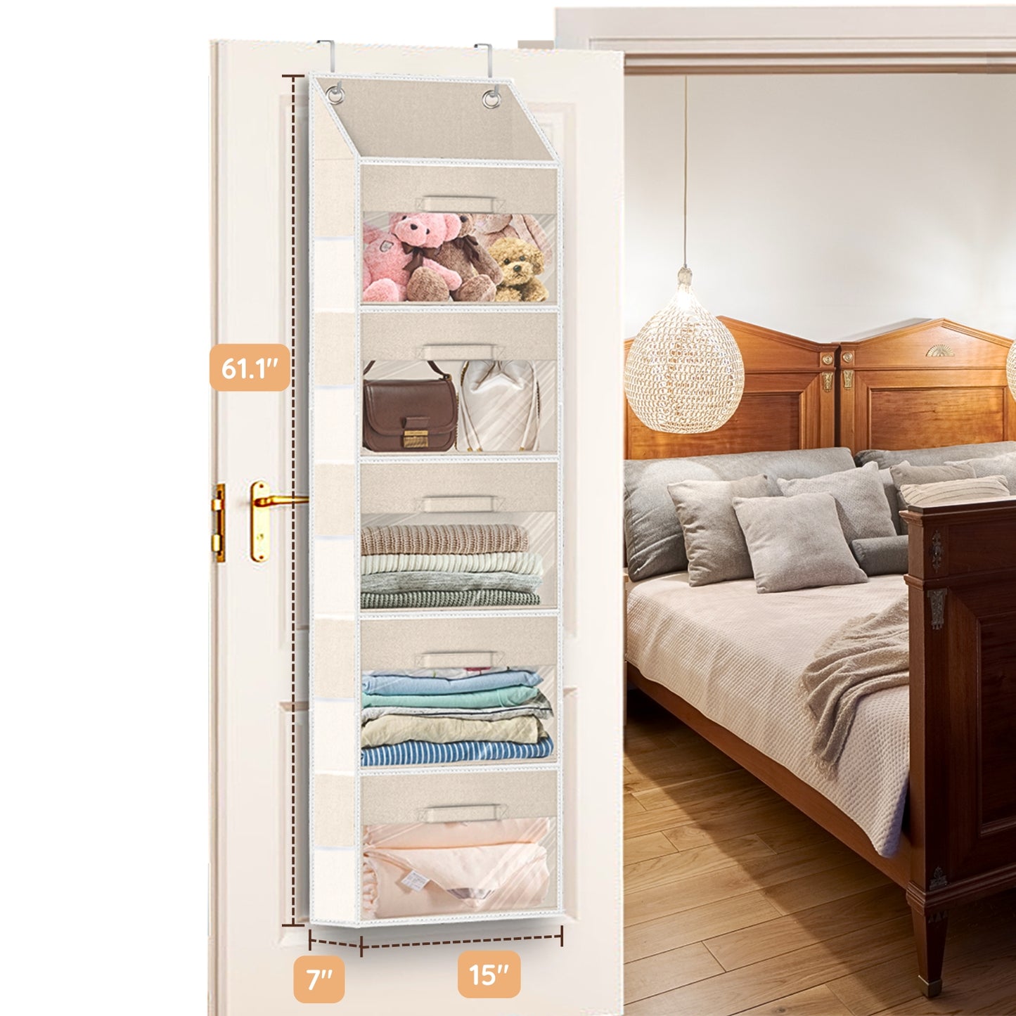 Ofiray-home Hanging Yarn Storage Organizer with 5 Drawers, Over the Door Large Capacity Knitting Organizer Storage&10 Mesh Side Pockets, Hanging Yarn Holder for Knitting Needles, Crochet Hooks- Beige