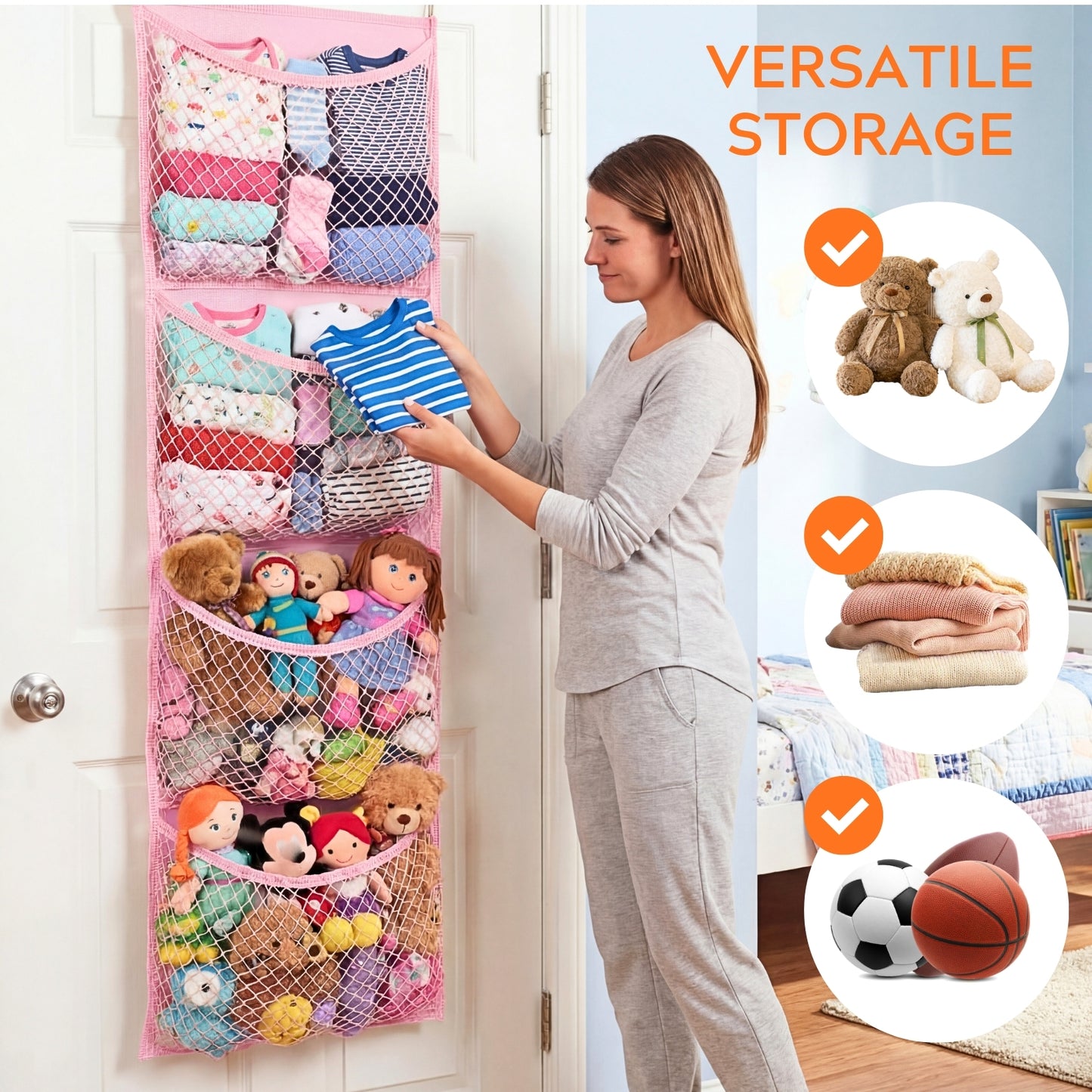 Over The Door Stuffed Animal Storage, Cotton Toy Organizer for Storage Plush Toys,Baby Supplies, Stuffed Animal Holder with 4 Large Pockets, Hanging Door Organizer for Nursery, Bedroom, Kids Room