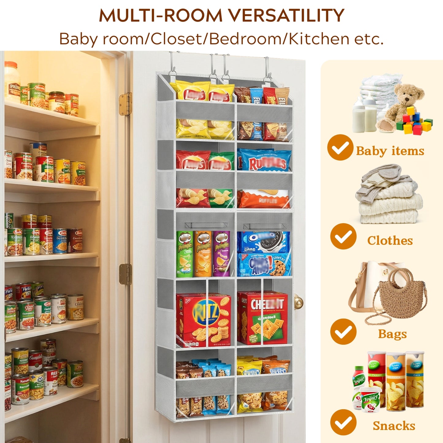 Over the Door Organizer 5 Tiers with Removable Drawers, Extra Large Door Storage of 6 Compartments & 2 Diaper Storage, Double-Column Clear Window Door Hanging Organizer for Nursery, Closet, Pantry