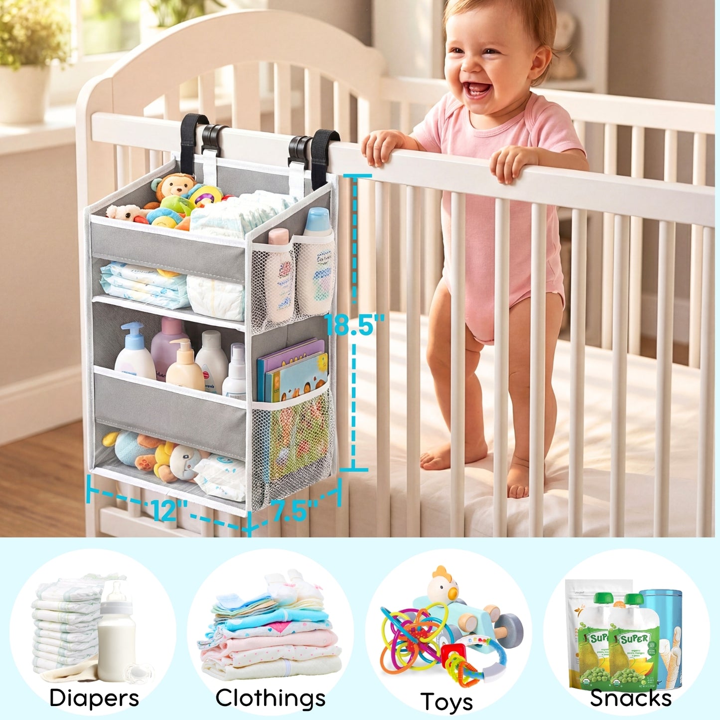 Ofiray-home Hanging Diaper Organizer for Changing Table,Cribs,Car,Playard or Wall & Nursery Organization-Durable 2-Tier Diaper Organizer with Mesh Pockets and Viewable Design, Won't Deform, Light Gray