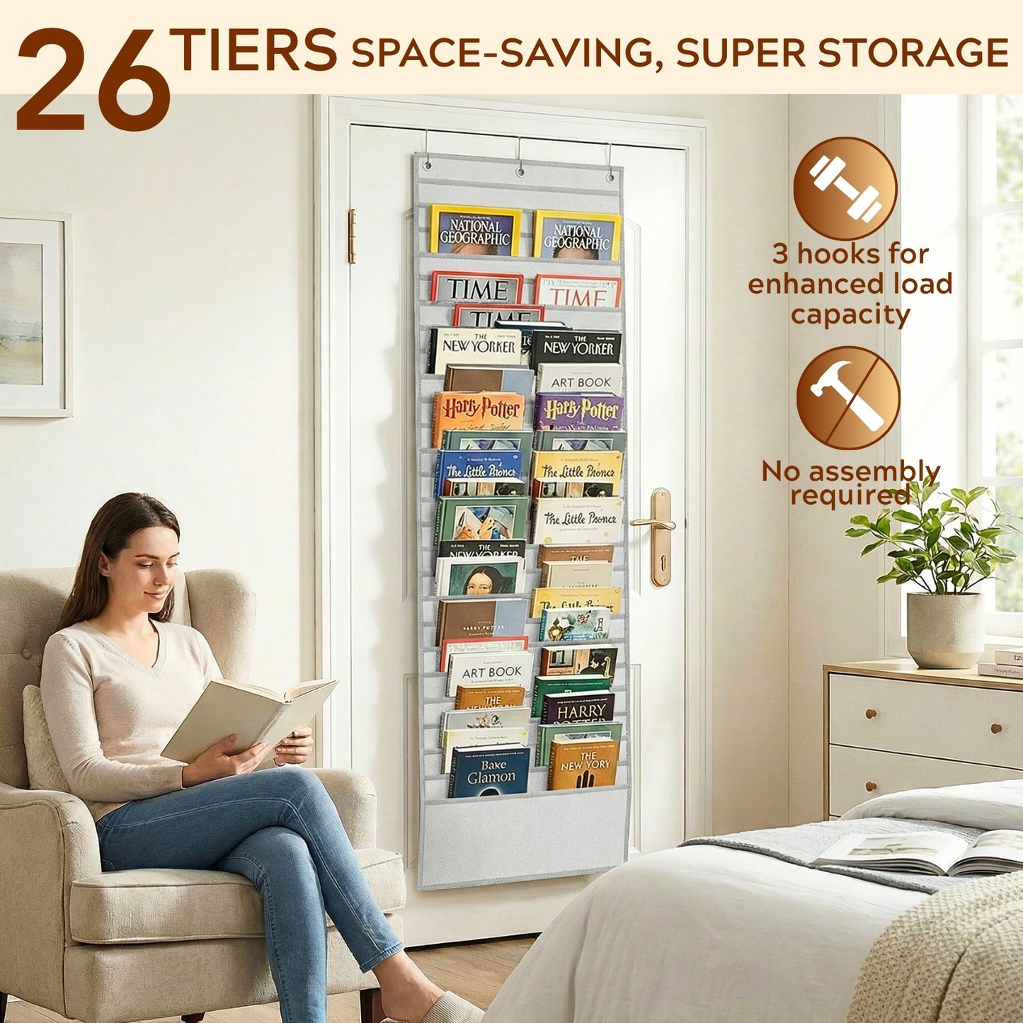 26-Pocket Over The Door File Organizer - Vertical Hanging Storage for Magazines, Documents & Paper, Heavy-Duty Door Organizer for Office, Classroom & Home