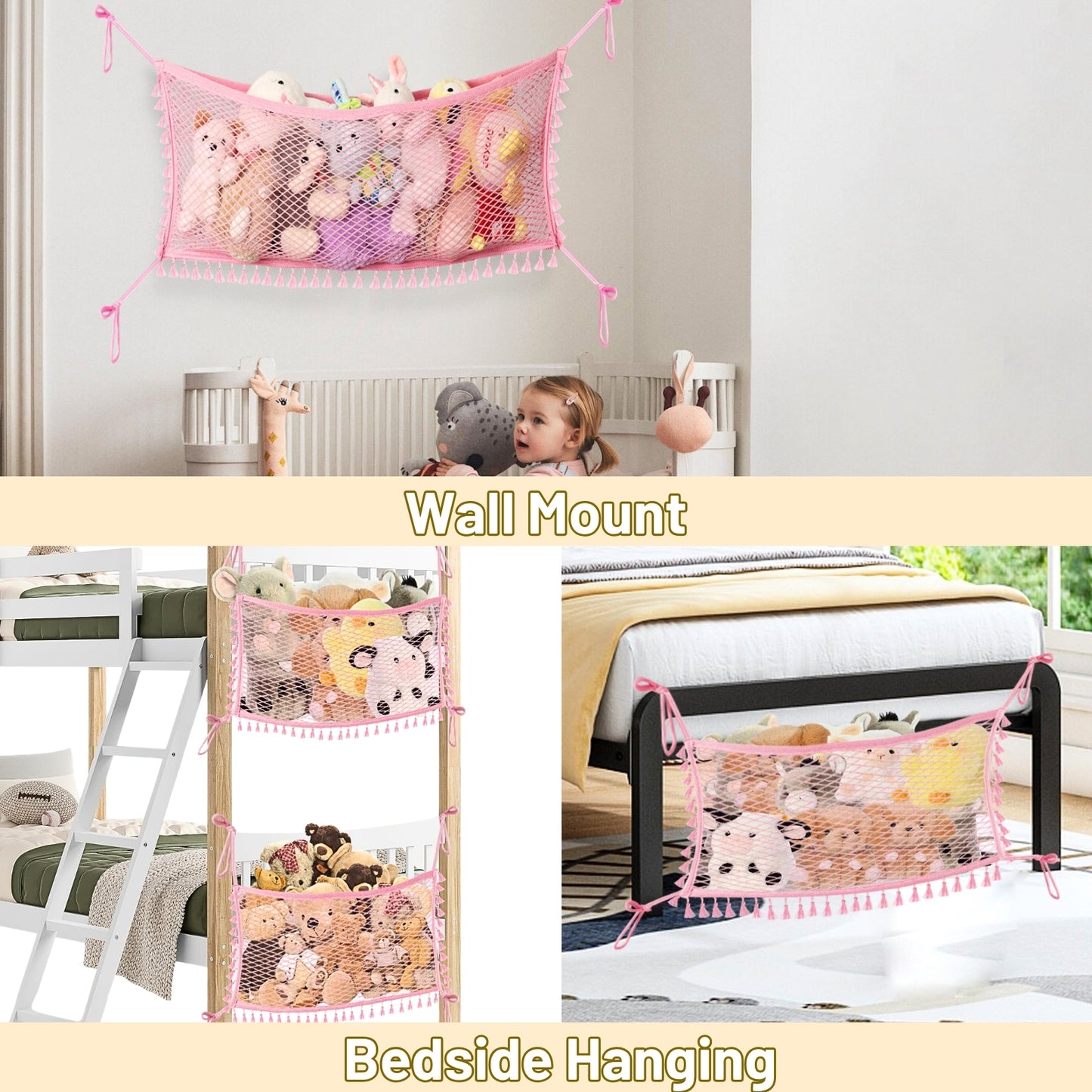 2 Pack Stuffed Animal Hammock, Bedside Stuffed Animal Storage Net Corner - Kids Nursery Wall Bedroom Home Decor, Cotton Bedside Toy Organizer Net with Tether, Stretches up to 32 in, Pink