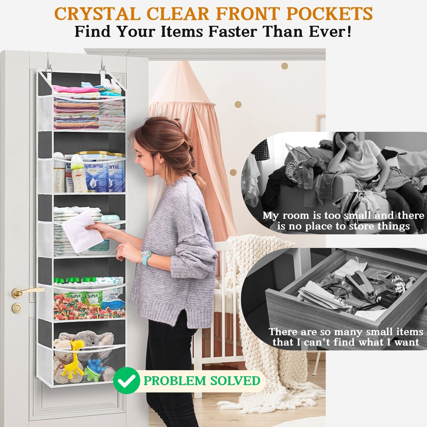 Ofiray-home Over Door Organizer with 5 Large Pockets, 5 Transparent Front Pockets & 10 Mesh Side Pockets, 50 lbs Weight Capacity Hanging Storage for Toys, Shoes, Diapers, Pantry – Grey