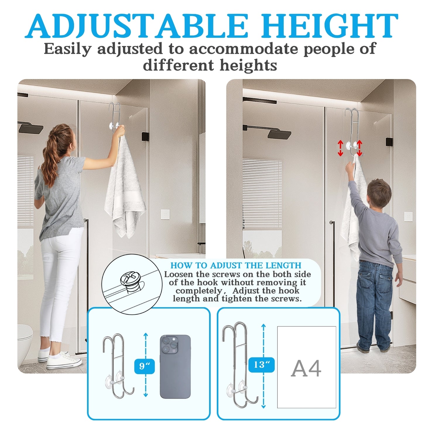 Shower Door Towel Hooks - 9"~13" Length Adjustable Hook for Framed & Frameless Over The Door Glass, Squeegee Holder, Towels Hanger for Bath Suits Rozer Robes Loofahs Shavers, 2-Pack Silver