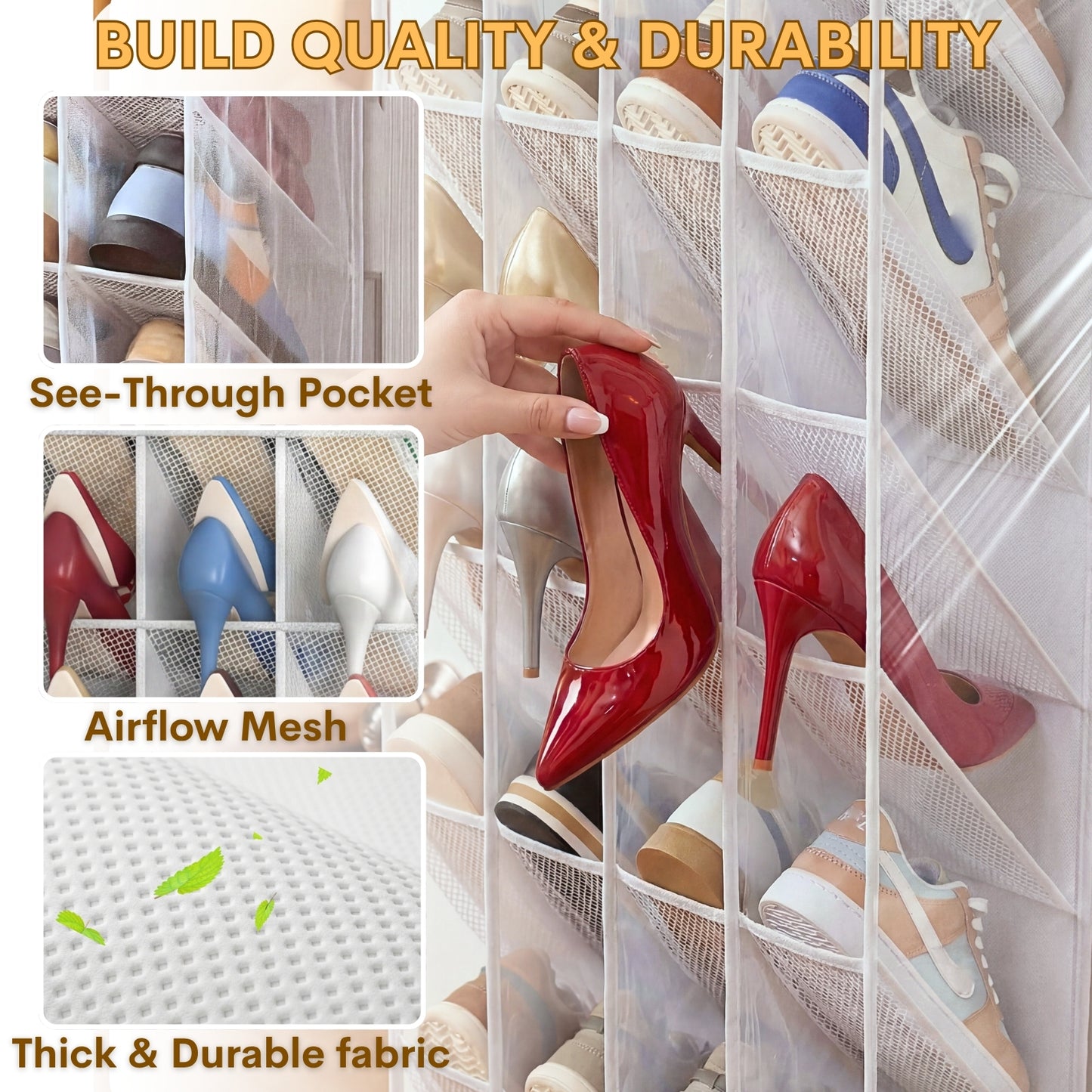 30-40 Pairs Over the Door Shoe Organizer, Clear Large Pockets Hanging Shoe Rack, Space-Saving Closet Door Organizer Fits Boots,Sneakers or Larger Shoes,Shoe Storage for Bedroom,Small Closet,Entryway