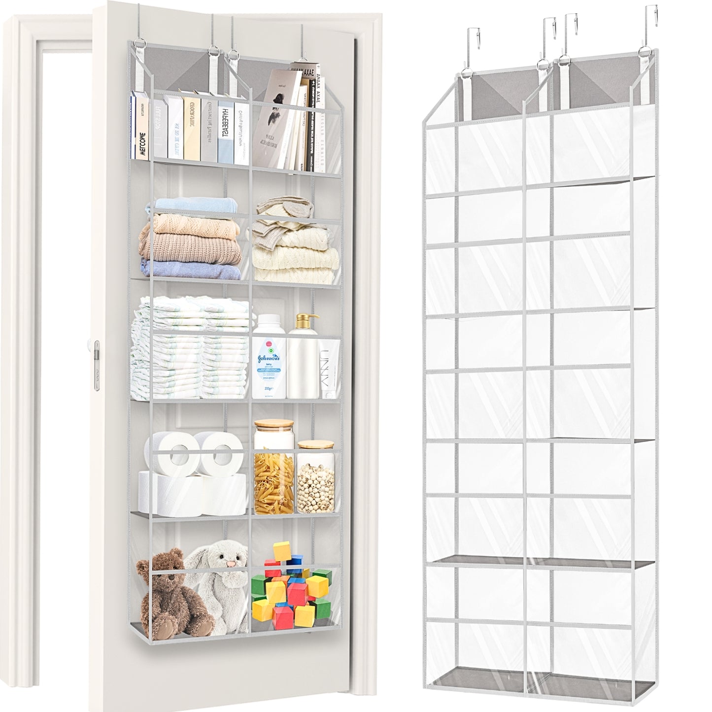 Over Door Organizer, 5-Tier Large Hanging Storage Organizer with 10 Mesh Side Pockets Behind Door Storage Shelf with Clear Windows for Kitchen Bathroom Bedroom Nursery, Toys, Diapers, Shoe