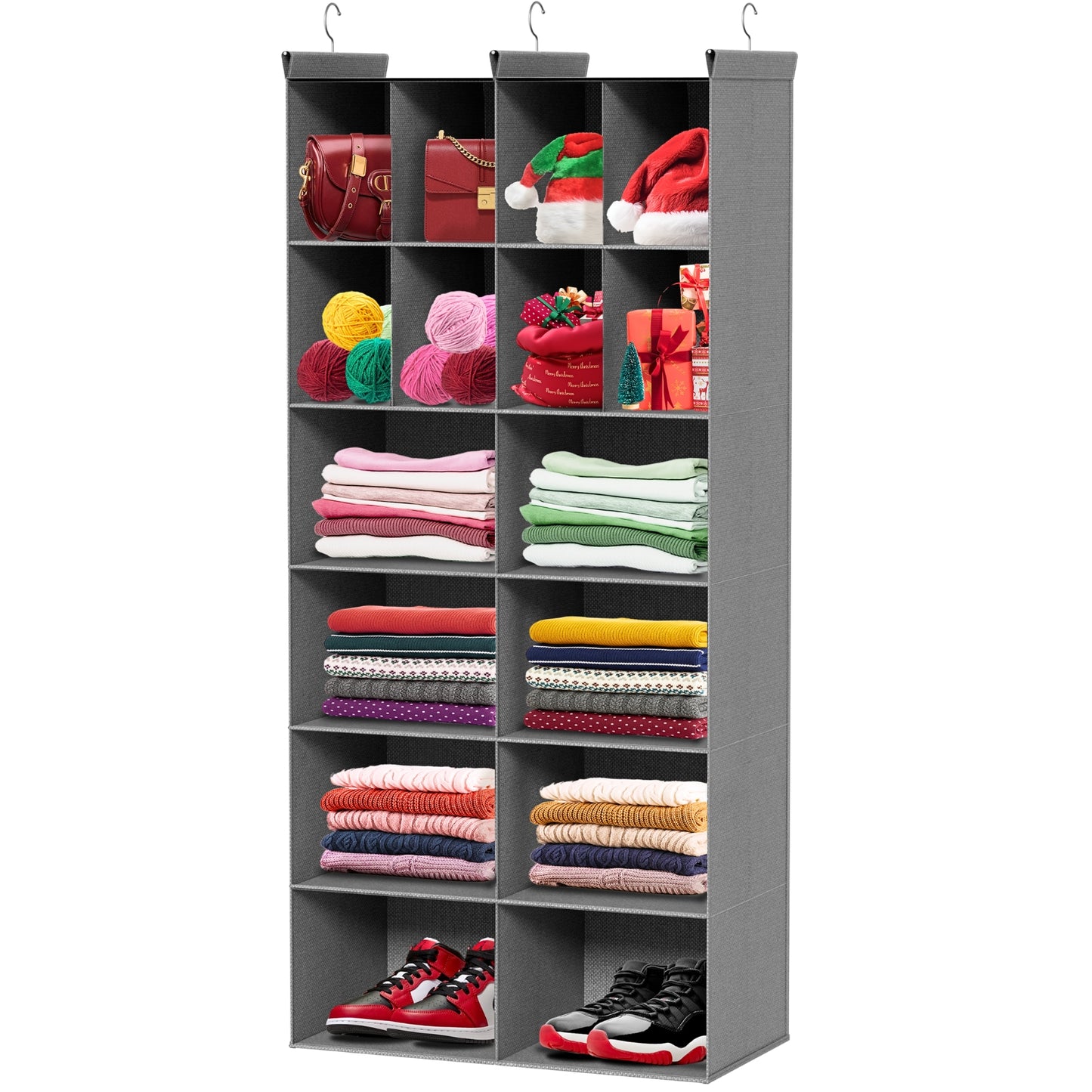 6 Tier Hanging Closet Organizer, 16 Compartments Sweater Organizer for Closet with 3 Sturdy Hooks, Closet Organizers and Storage, Wardrobe, Rv, Garment Rack, Grey