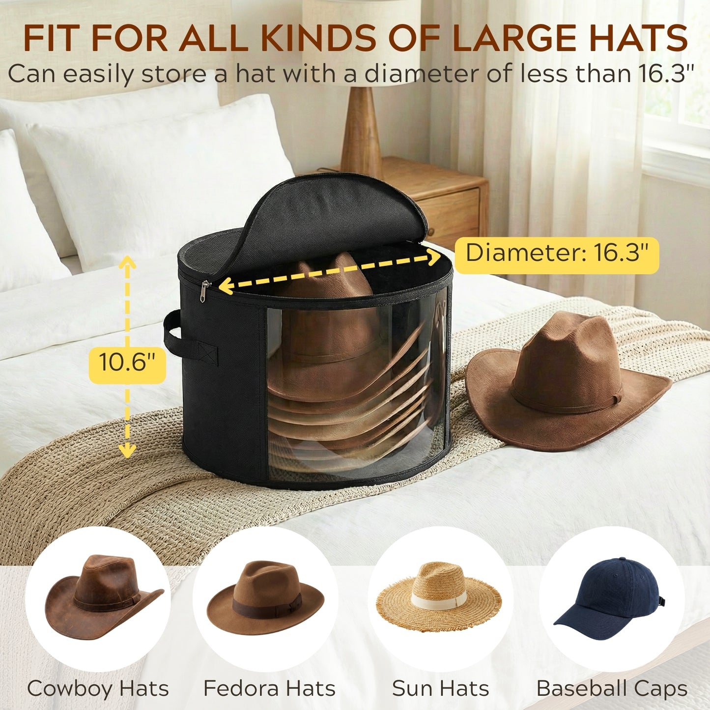 Ofiray-home 2 Pack Large Clear Hat Storage Boxes, Hold up to 7-9 Hats, Hat Organizer for Closet, Sturdy & Foldable, Hat Box with Carrying Handles for Round Brim, Wide-Brim, Cowboy, Sun Hat