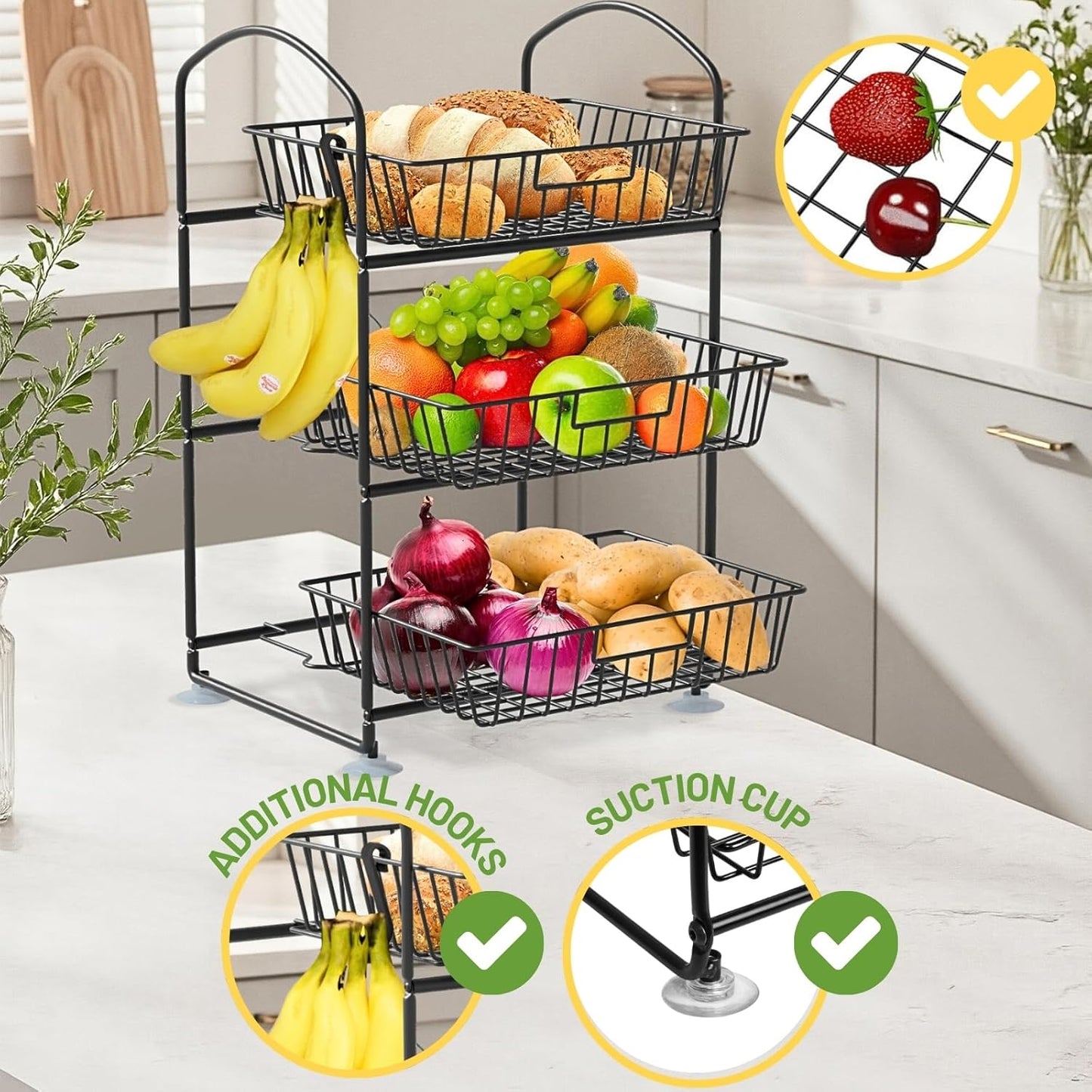 3 Tier Wire Baskets with 2 Banana Hangers, Detachable Countertop Fruit Vegetable Basket for Pantry Organization and Storage, Kitchen Counter Basket Stand for Storage Potato Onion Bread Snack Veggie
