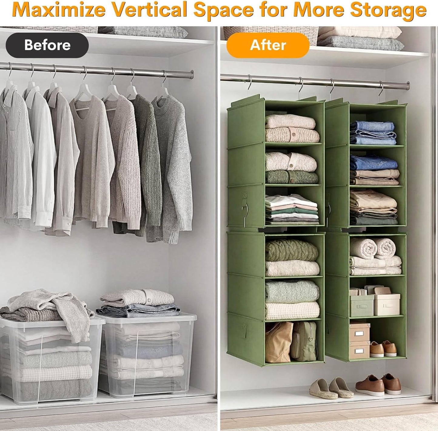 Extra Deep Hanging Closet Organizer 2 Pack, 3-Shelf Separable Closet Organizers and Storage with Linen Texture, Foldable Space-Saving Hanging Shelves for Clothes, Handbag, Hats, Dorm & RVs