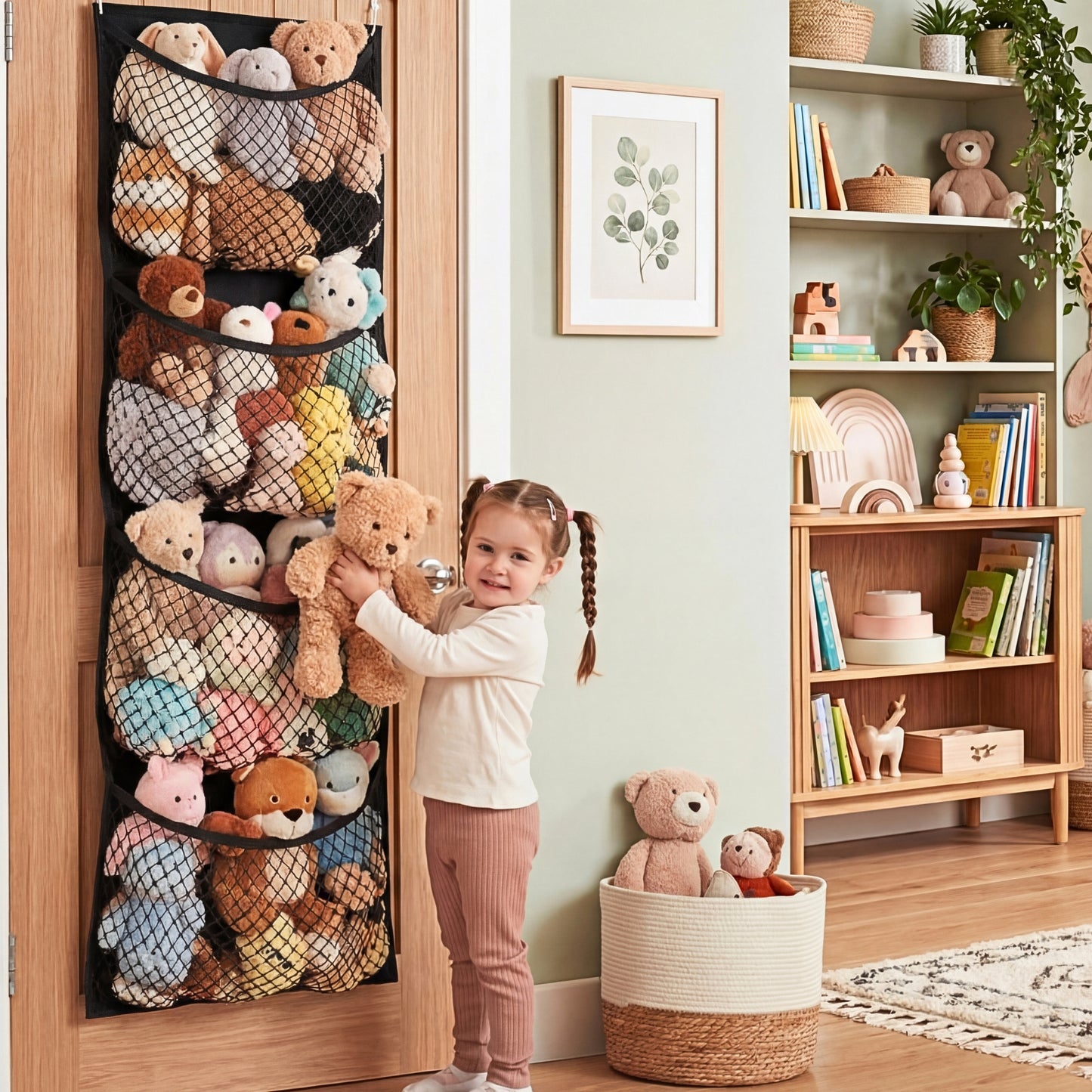 Over The Door Stuffed Animal Storage, Cotton Toy Organizer for Storage Plush Toys,Baby Supplies, Stuffed Animal Holder with 4 Large Pockets, Hanging Door Organizer for Nursery, Bedroom, Kids Room