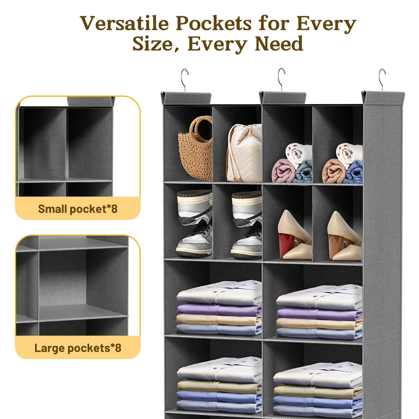 6 Tier Hanging Closet Organizer, 16 Compartments Sweater Organizer for Closet with 3 Sturdy Hooks, Closet Organizers and Storage, Wardrobe, Rv, Garment Rack, Grey