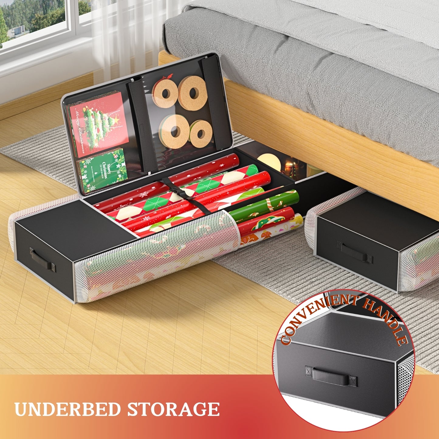 Ofiray-home 2-in-1 Wrapping Paper Organizer Storage, Over Door or Under Bed Organizer with Removable Drawer & 4 Clear Pockets Wrap Storage for Ribbons, Bows, Ornament and Other Tools