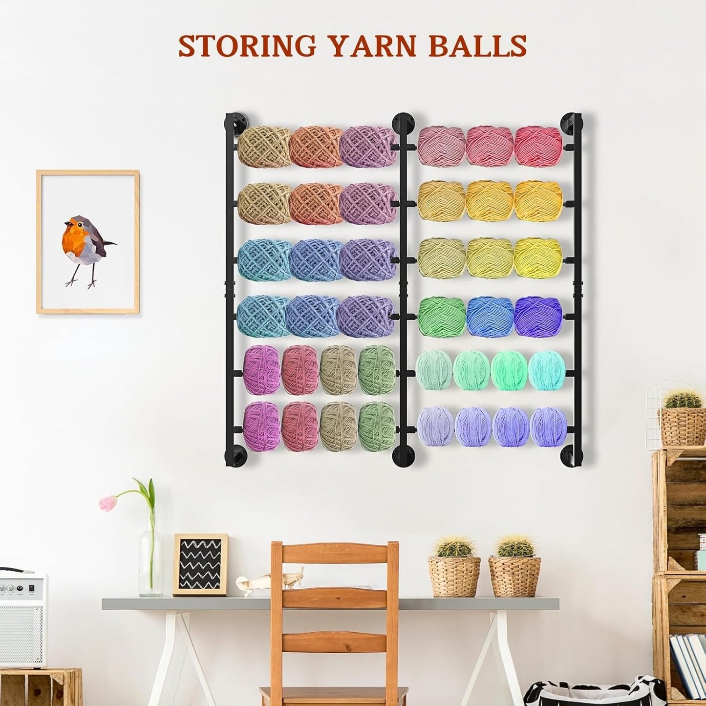 Double 6-Tier Ribbon Storage Organizer, Large Capacity Wall Mount Ribbon Organizer with 12 Removable Rods, Gift Bag Yarn Storage Holder for Craft Room, Flower Shop, DIY Supplies - Metal