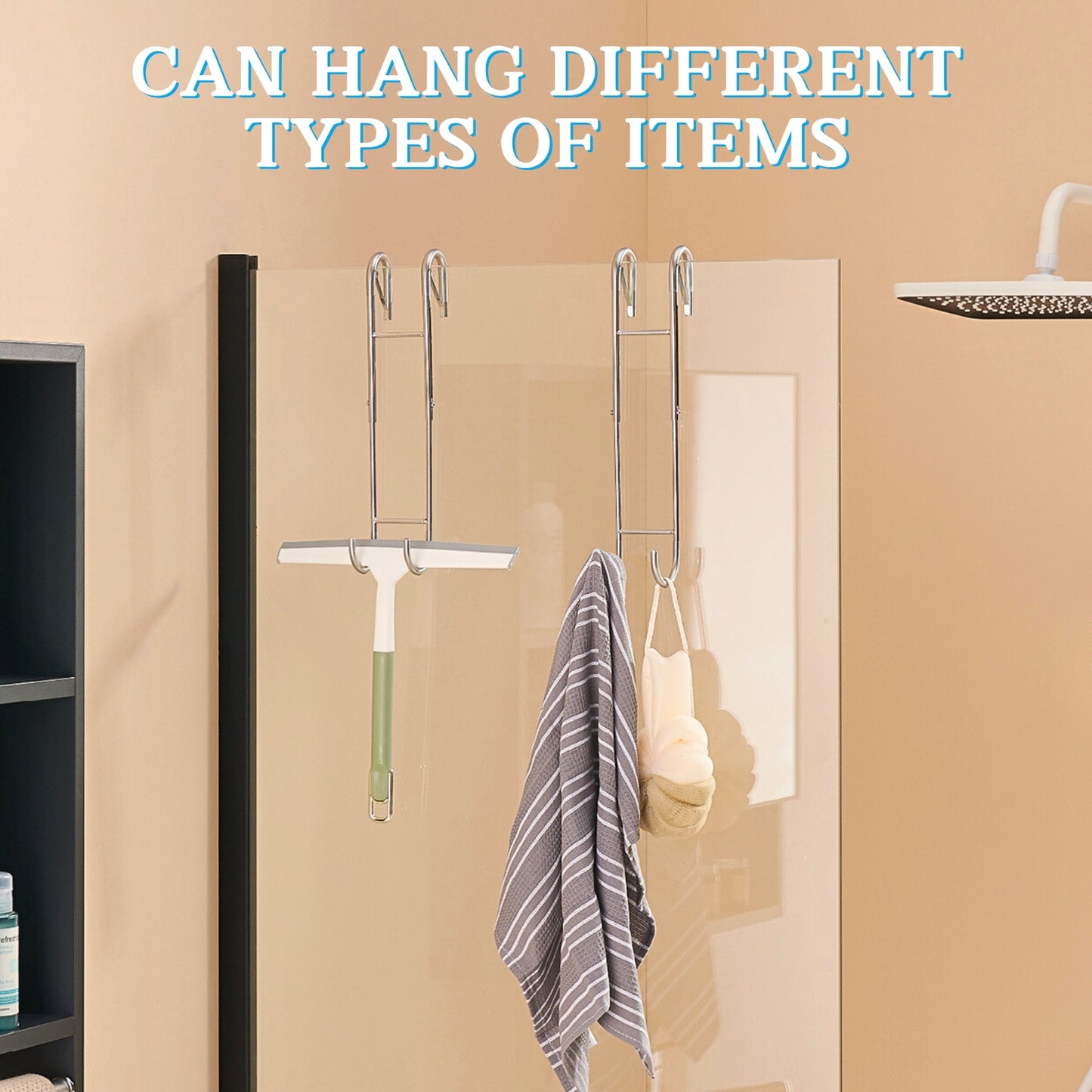 Ofiray-home Shower Door Towel Hooks - 9"~13" Length Adjustable Hook for Frameless Over The Door Glass, Squeegee Holder, Towel Hanger for Bath Suits Rozer Robes Loofahs Shavers, 2-Pack, Stainless Steel