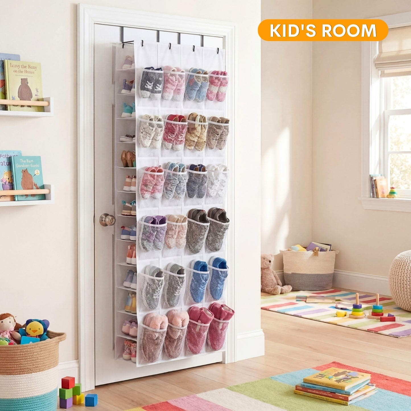 Over The Door Shoe Organizer, 50 Large Pockets Double-Sided Shoe Organizer for Closet Door, Hanging Shoe Storage Up to 50 Pairs, Mesh Front Pockets & Side Storage for Sneakers, Heels