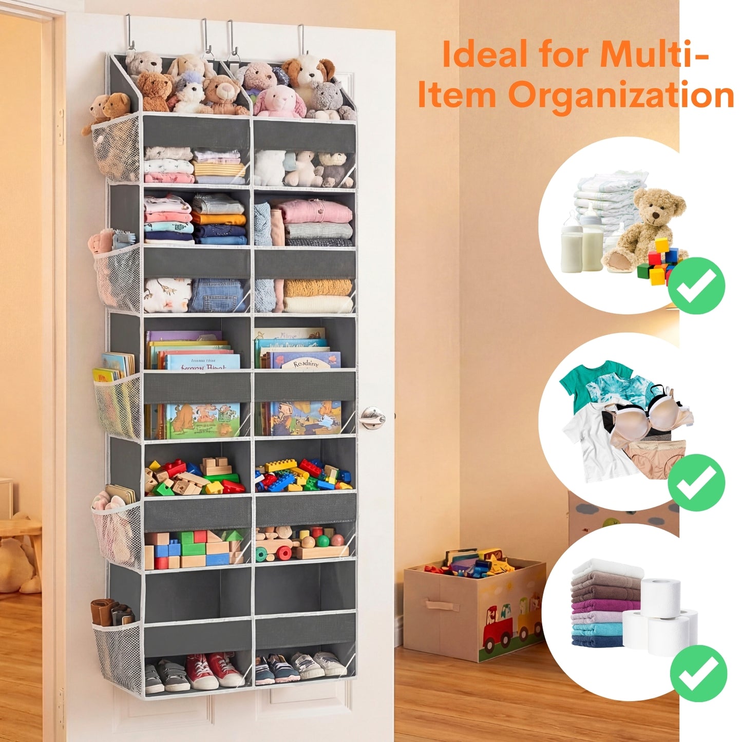 Over Door Organizer, 5-Tier Large Hanging Storage Organizer with 10 Mesh Side Pockets Behind Door Storage Shelf with Clear Windows for Kitchen Bathroom Bedroom Nursery, Toys, Diapers, Shoe