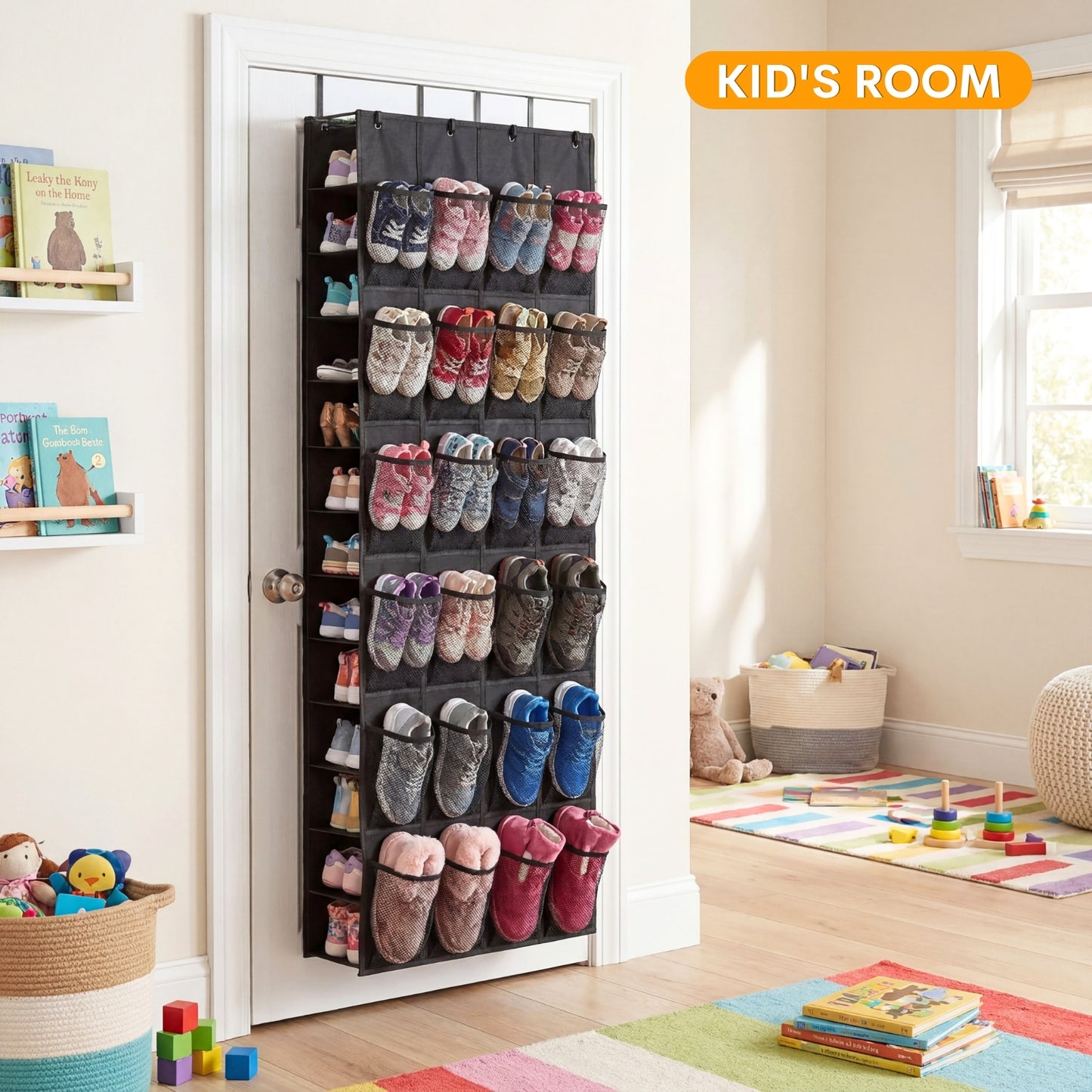 Over The Door Shoe Organizer, 50 Large Pockets Double-Sided Shoe Organizer for Closet Door, Hanging Shoe Storage Up to 50 Pairs, Mesh Front Pockets & Side Storage for Sneakers, Heels