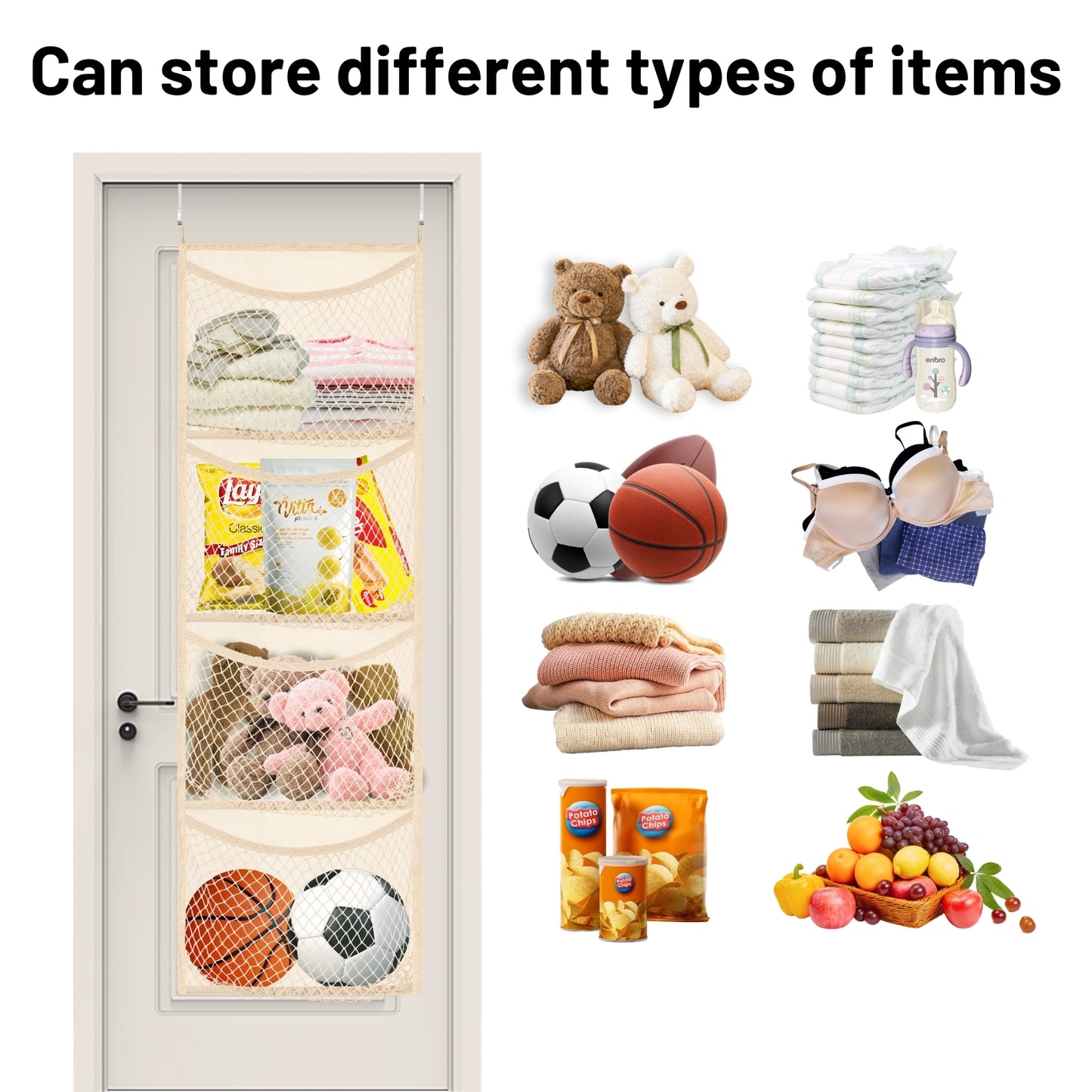 Over The Door Stuffed Animal Storage, Cotton Toy Organizer for Storage Plush Toys,Baby Supplies, Stuffed Animal Holder with 4 Large Pockets, Hanging Door Organizer for Nursery, Bedroom, Kids Room