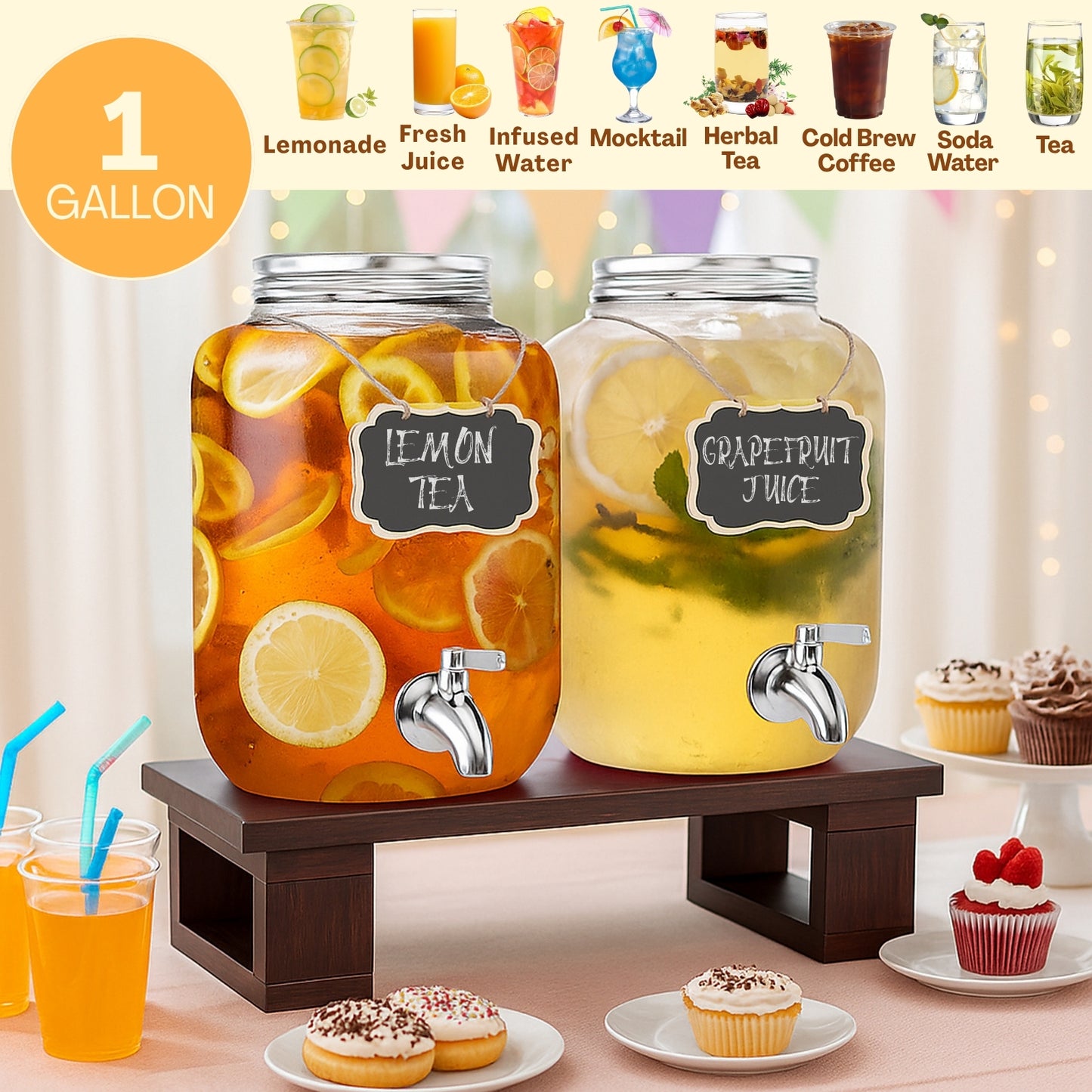 1 Gallon Drink Dispenser for Parties, 2 Pack Glass Beverage Dispenser with Solid Wood Stand, Stainless Steel Spigot, Leakproof Drink Dispenser with Chalkboard Labels for Lemonade, Juice, Tea & Picnic
