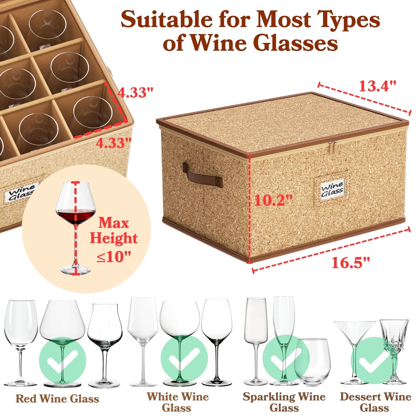 Wine Glass Storage Box with Dividers, Hard Shell, Stackable Glassware Storage Containers with Handles & Label, 10'' Tall Stemware Storage Cases for 12 Crystal Glasses Drinkware, Moving & Home Storage
