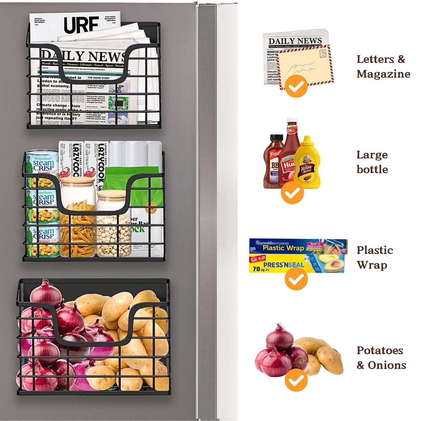 Magnetic Shelf for Fridge, 3 Pack Metal Fridge Organizer Baskets, Magnetic Cup Holder for Refrigerator, Fruit & Snack Storage, Magnetic Bin for Potatoes, Letters, Magazines, Kitchen & Laundry Room