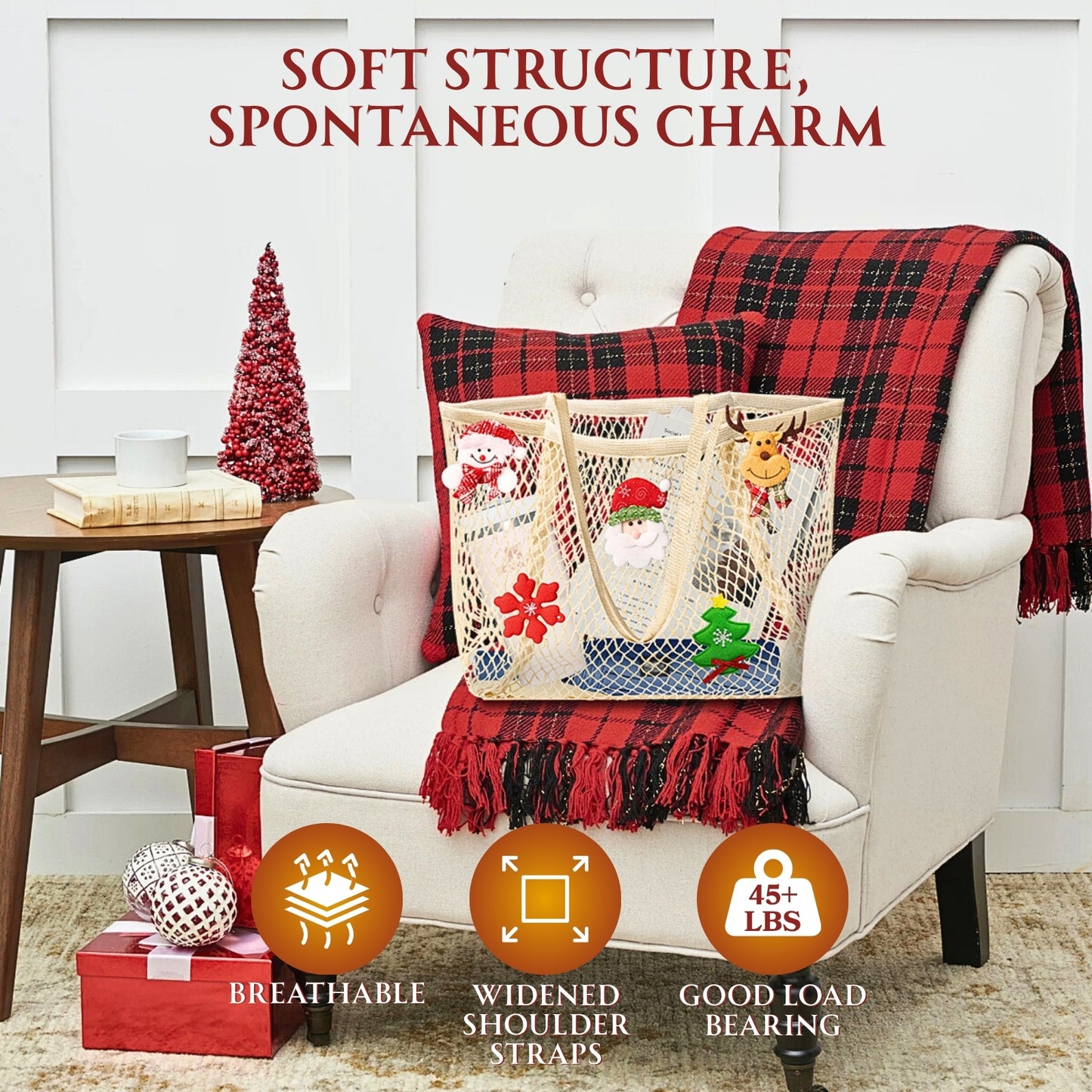 Ofiray-home Ofiray-home Cotton Christmas Tote Bag, Mesh Tote Bag Hobo with Large Interior Pocket