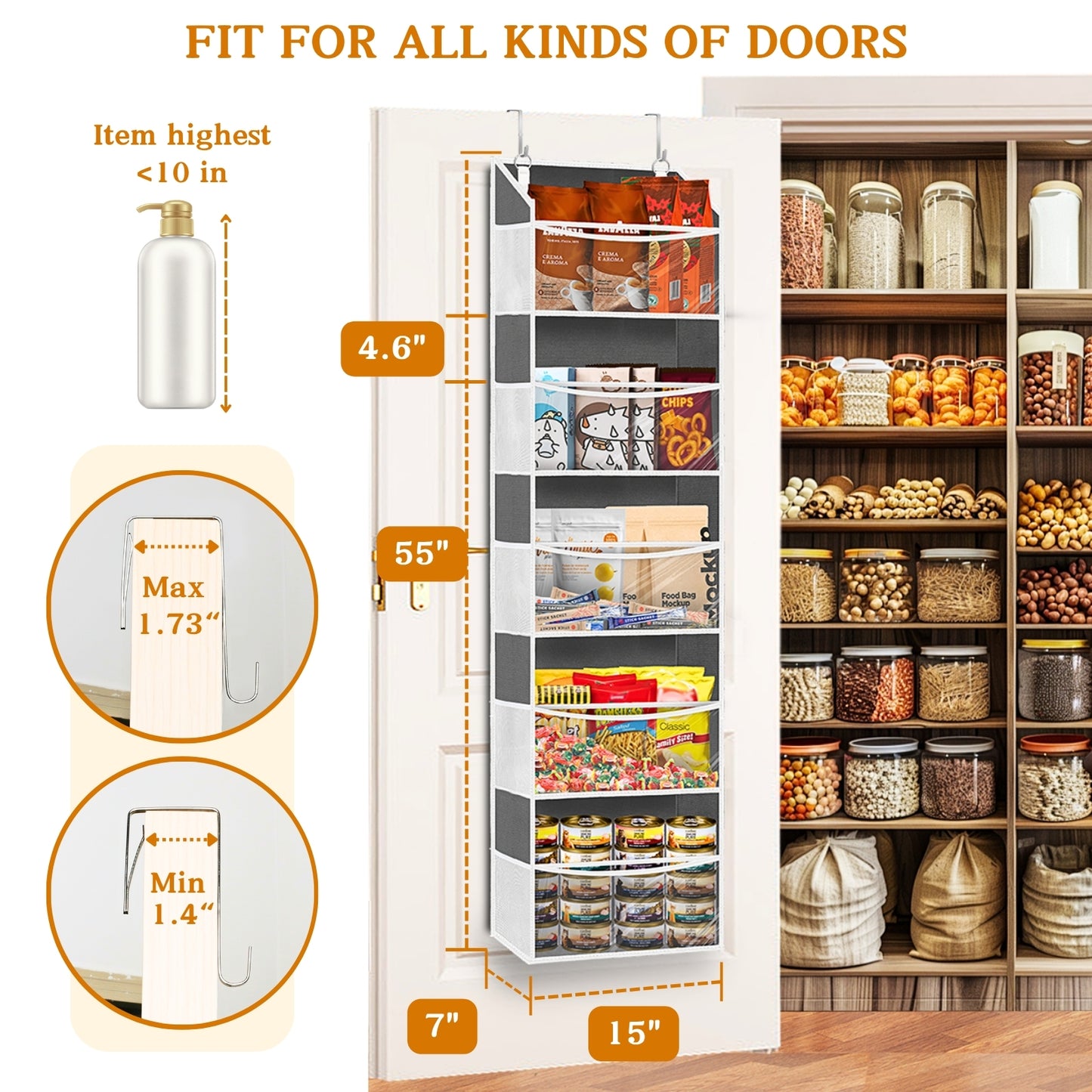 Ofiray-home Over Door Organizer with 5 Large Pockets, 5 Transparent Front Pockets & 10 Mesh Side Pockets, 50 lbs Weight Capacity Hanging Storage for Toys, Shoes, Diapers, Pantry – Grey