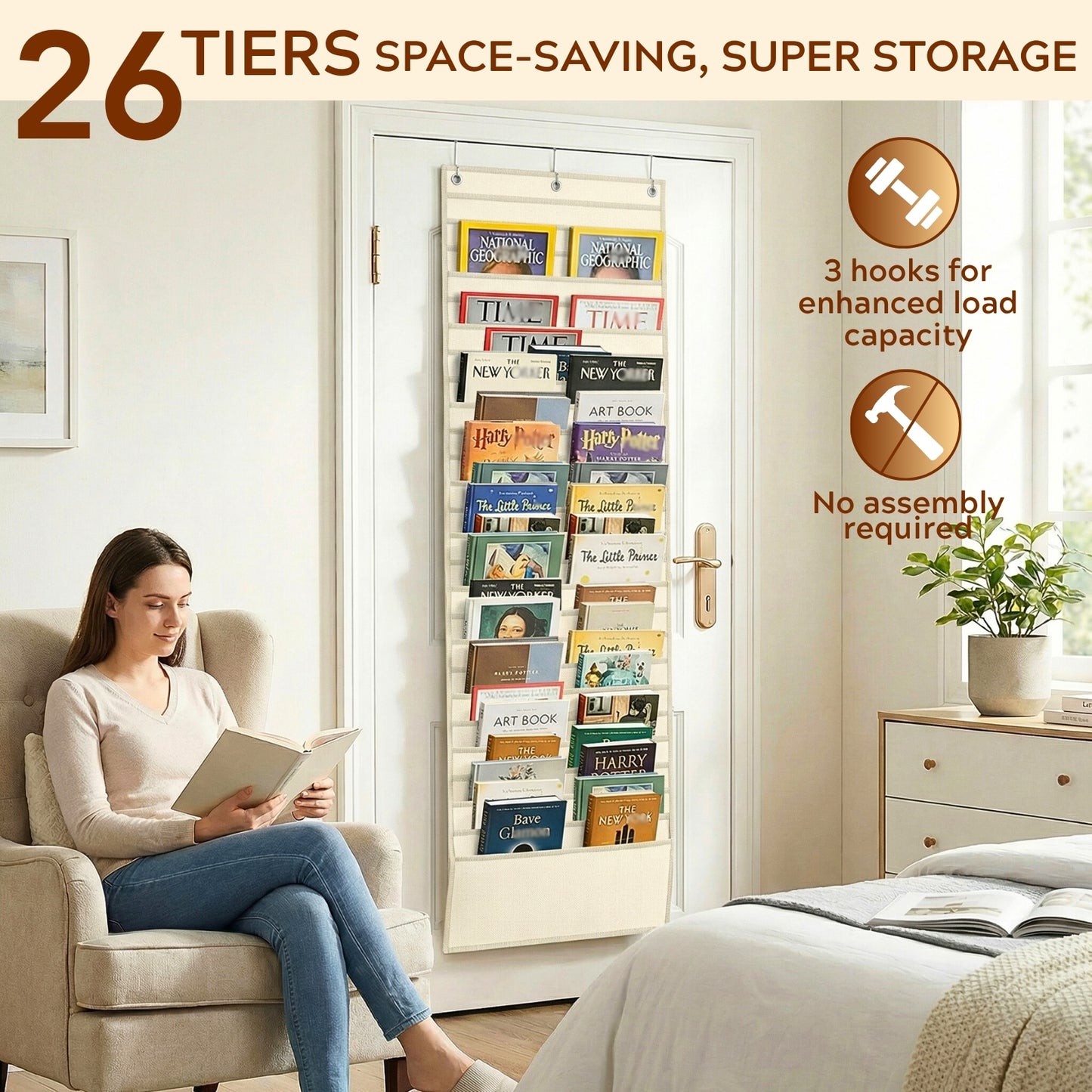 26-Pocket Over The Door File Organizer - Vertical Hanging Storage for Magazines, Documents & Paper, Heavy-Duty Door Organizer for Office, Classroom & Home