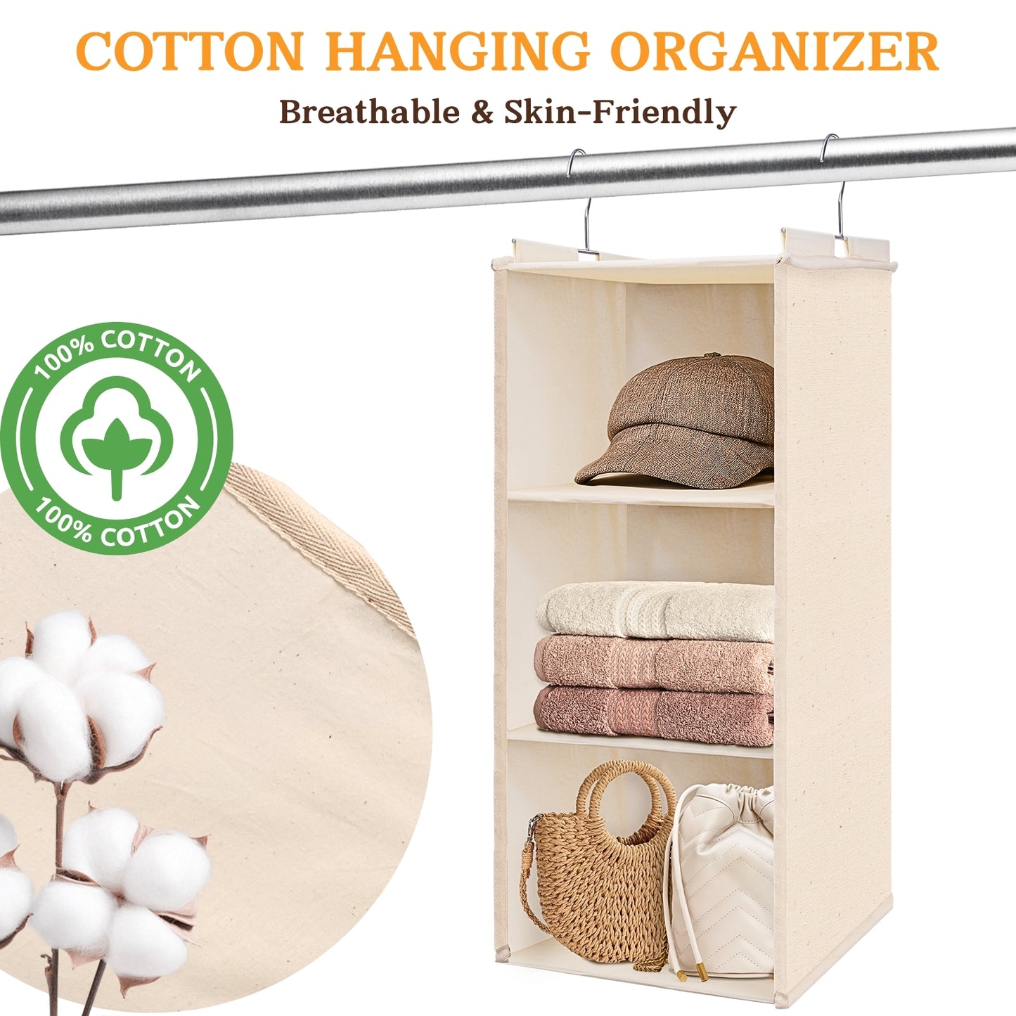 Ofiray-home Pure Cotton Dual Hanging Closet Organizer, 2-Pack 3-Tier Breathable Storage Bags for Wardrobe, RV, Nursery, Small Closets. Heavy-Duty 100% Cotton, Natural Beige