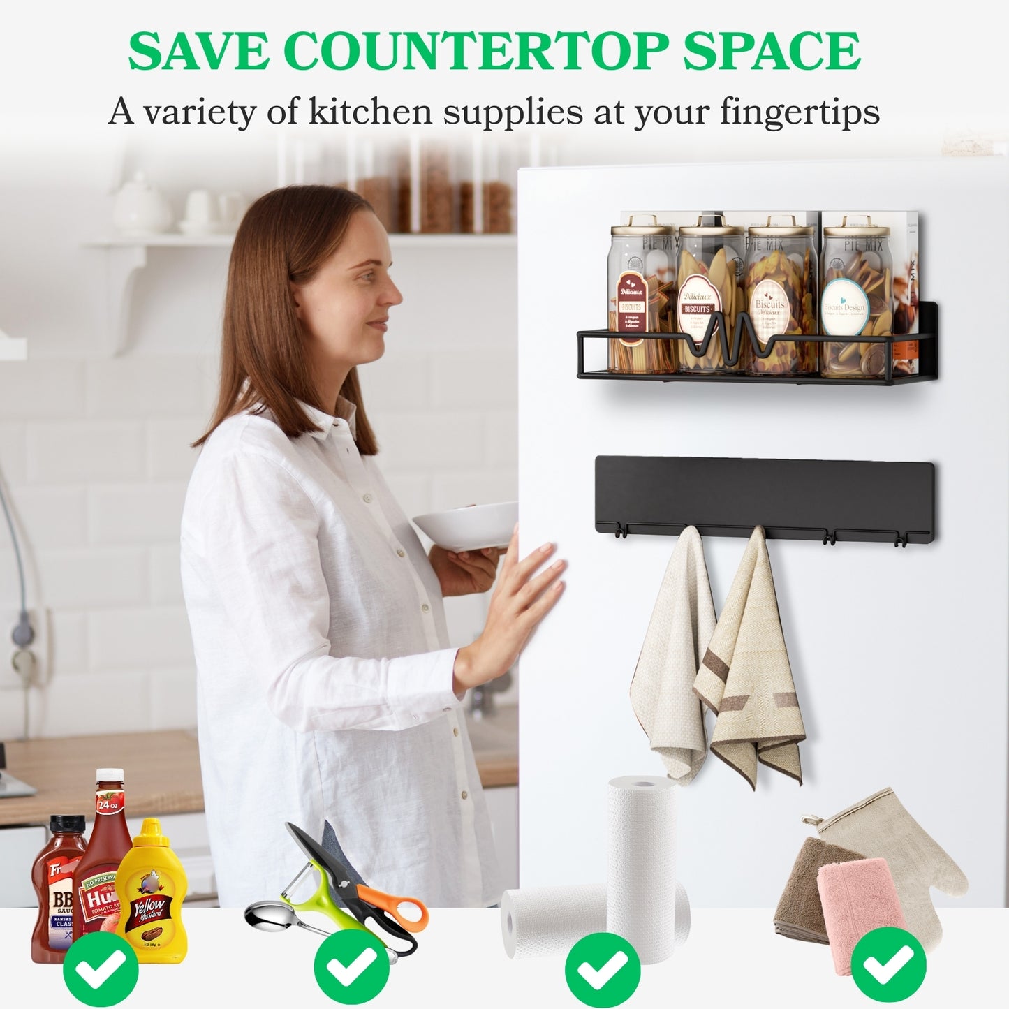 5-Pack Magnetic Spice Rack for Refrigerator, Heavy Duty Magnetic Shelf for Fridge Set with Paper Towel Holder, Utensils Racks & Hook Rail, Home Kitchen Laundry Room RV Storage Organization- Black