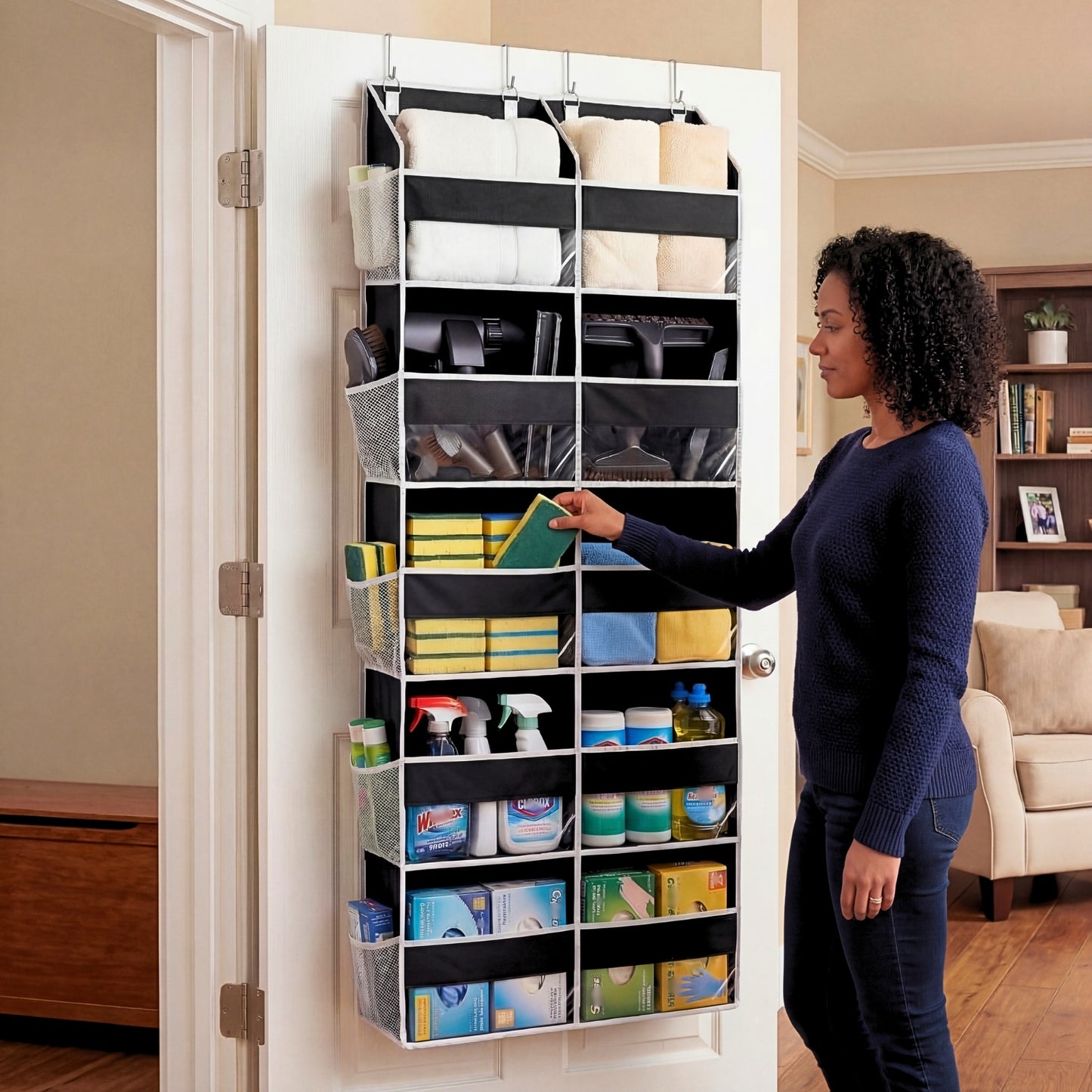 Over Door Organizer, 5-Tier Large Hanging Storage Organizer with 10 Mesh Side Pockets Behind Door Storage Shelf with Clear Windows for Kitchen Bathroom Bedroom Nursery, Toys, Diapers, Shoe