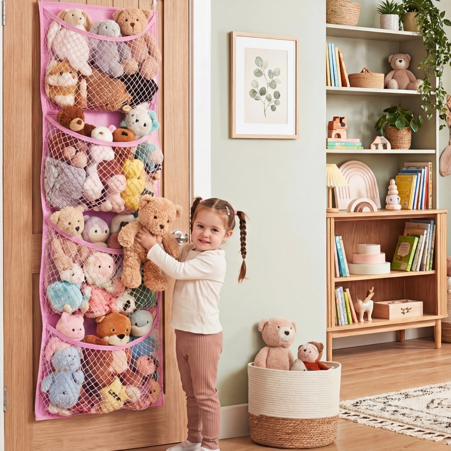 Over The Door Stuffed Animal Storage, Cotton Toy Organizer for Storage Plush Toys,Baby Supplies, Stuffed Animal Holder with 4 Large Pockets, Hanging Door Organizer for Nursery, Bedroom, Kids Room