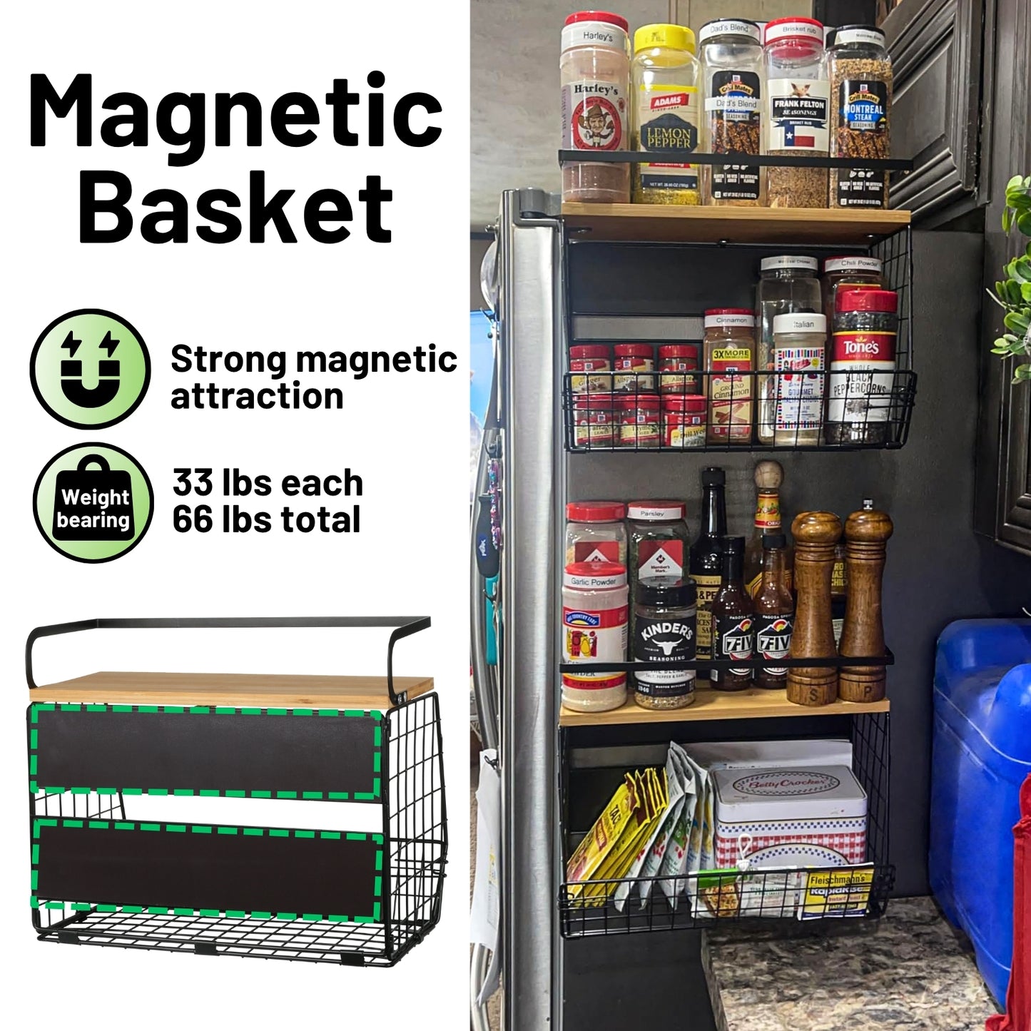 Magnetic Shelf for Refrigerator with Wood Lid, Fruit Potato & Onion Storage Bins, Pantry Organizers & Storage, Large Container Magnetic Spice Rack for Refrigerator, Kitchen Counter, Cabinet